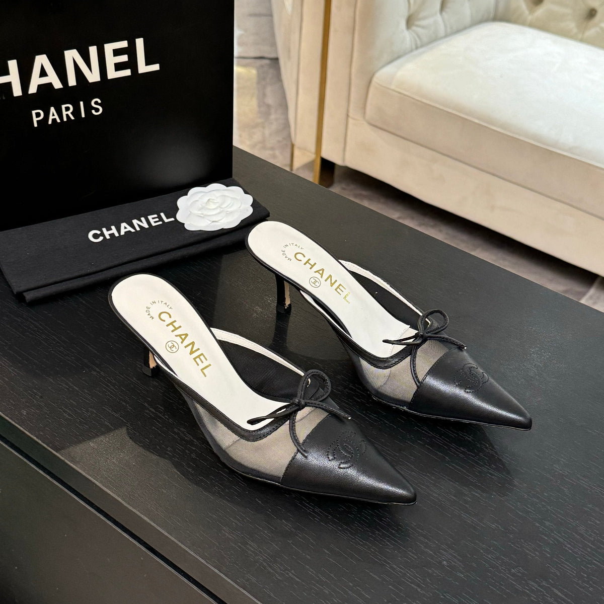 CC Bow Pointed Toe Mules Black Mesh & Leather 912941