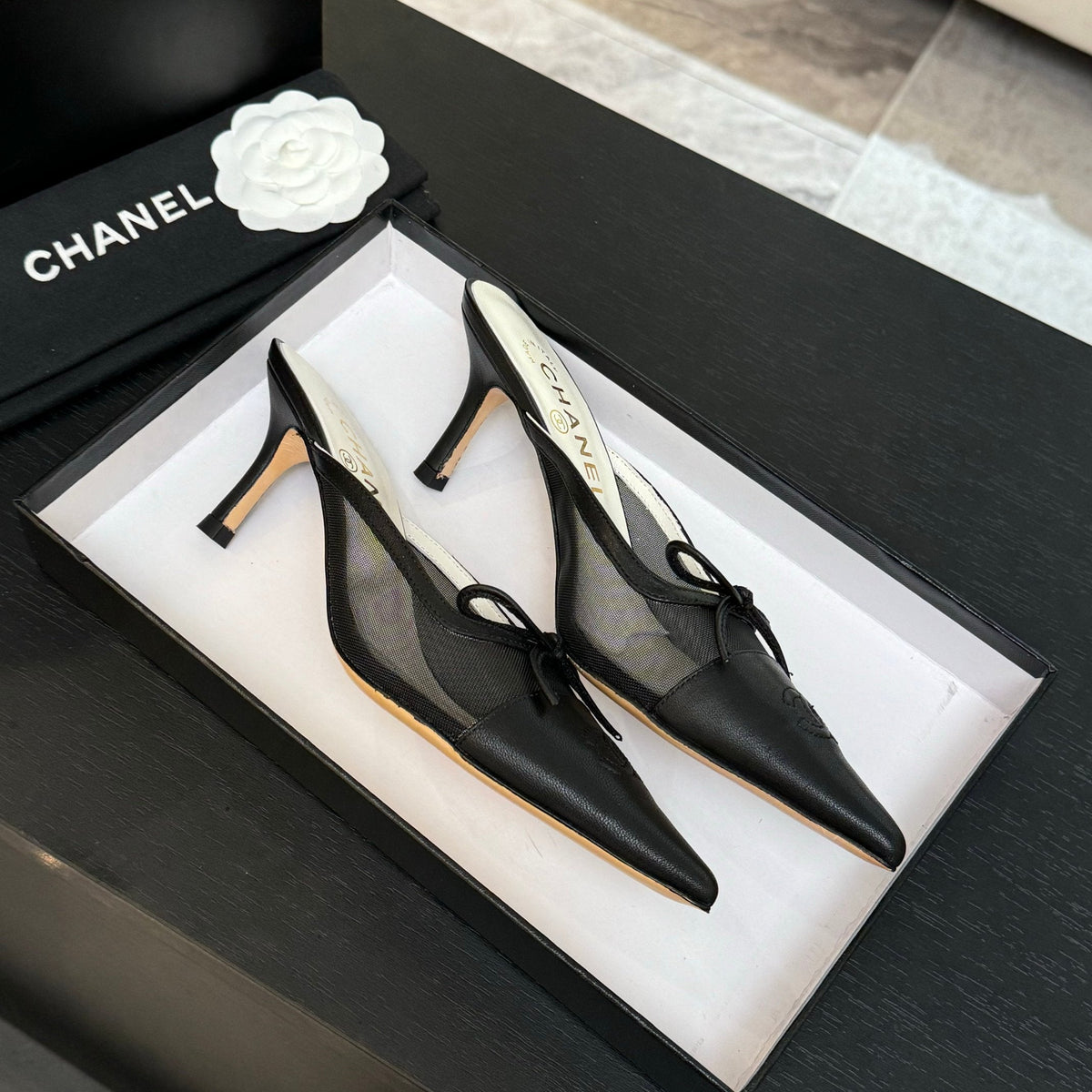 CC Bow Pointed Toe Mules Black Mesh & Leather 912941