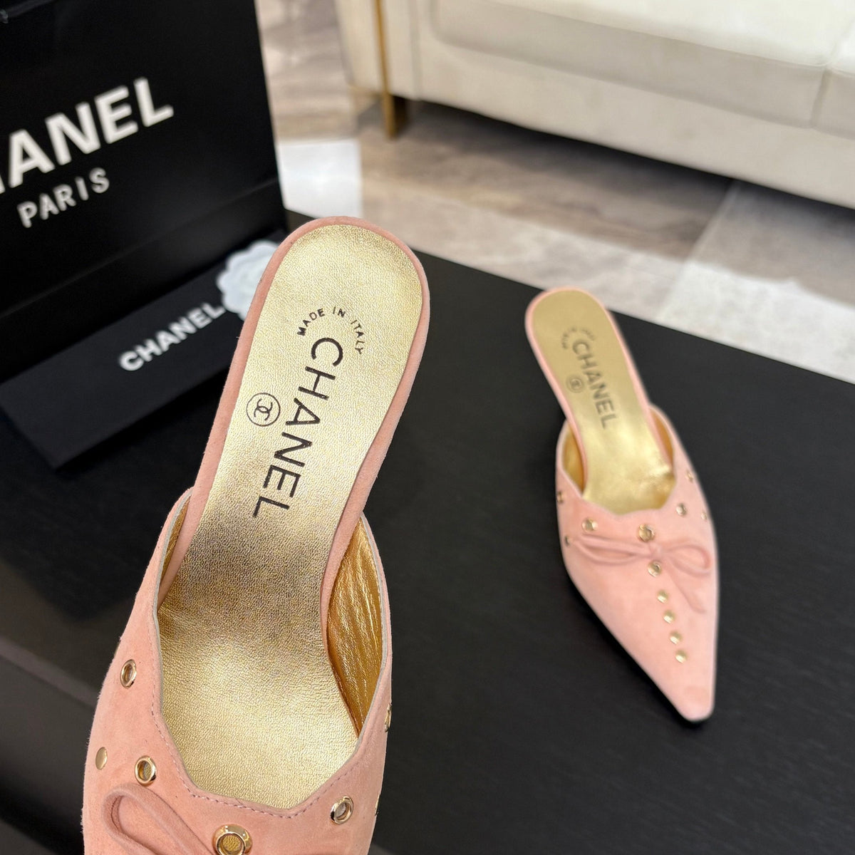 CC Grommet Bow Mules 6.5cm Pink Suede Leather 912927