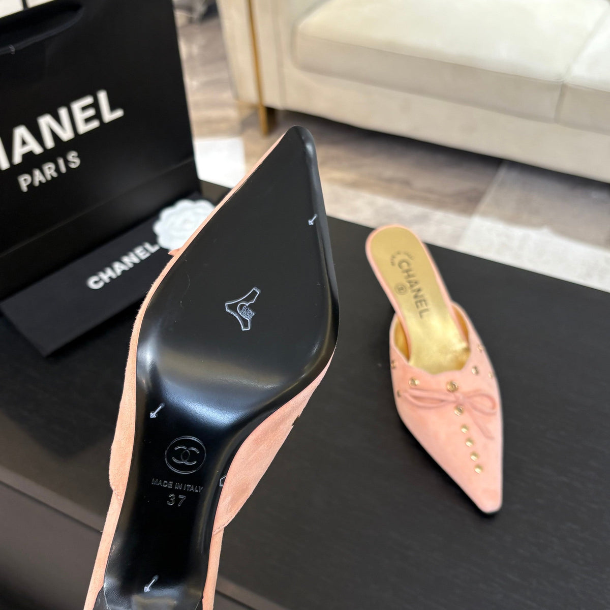 CC Grommet Bow Mules 6.5cm Pink Suede Leather 912927