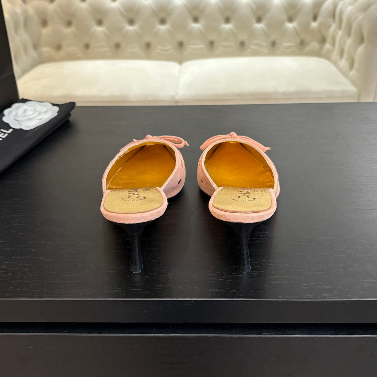 CC Grommet Bow Mules 6.5cm Pink Suede Leather 912927