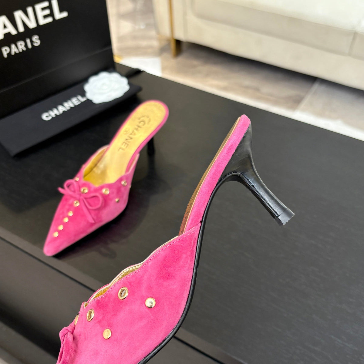 CC Grommet Bow Mules 6.5cm Hot Pink Suede Leather 912926