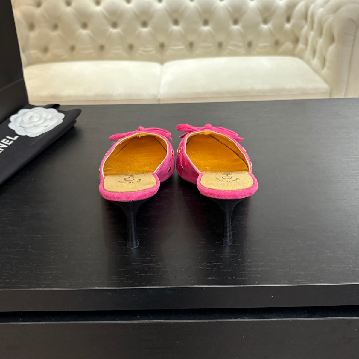 CC Grommet Bow Mules 6.5cm Hot Pink Suede Leather 912926