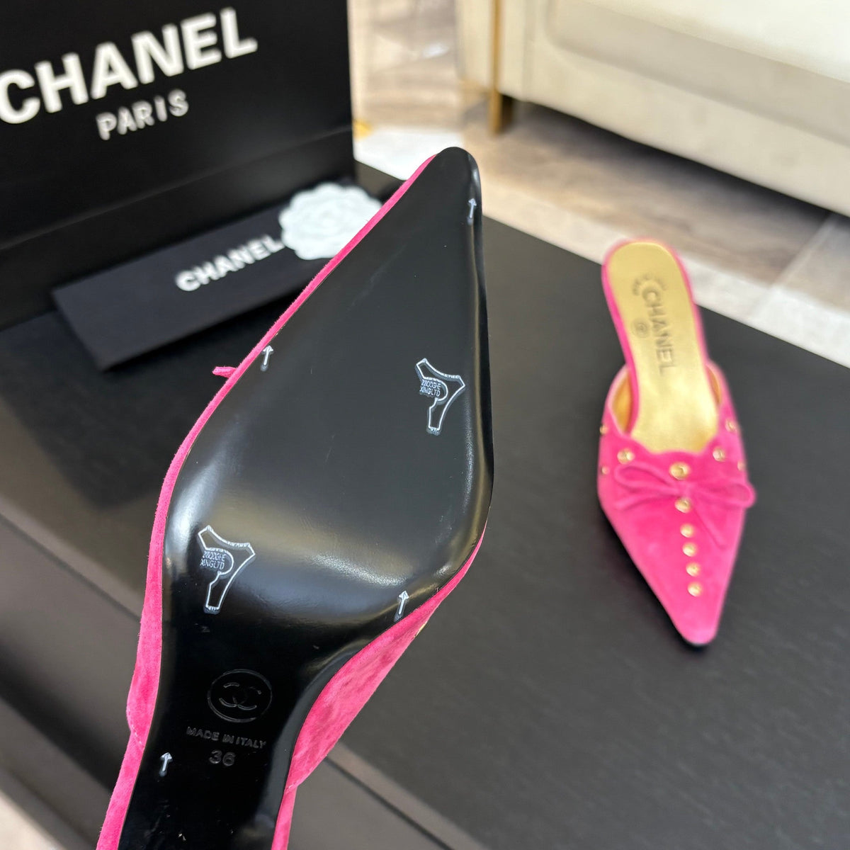 CC Grommet Bow Mules 6.5cm Hot Pink Suede Leather 912926