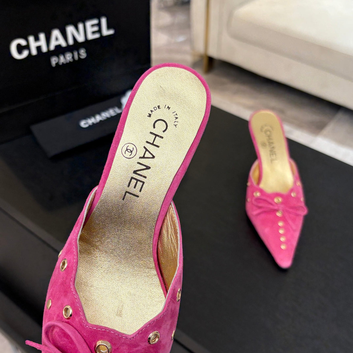 CC Grommet Bow Mules 6.5cm Hot Pink Suede Leather 912926