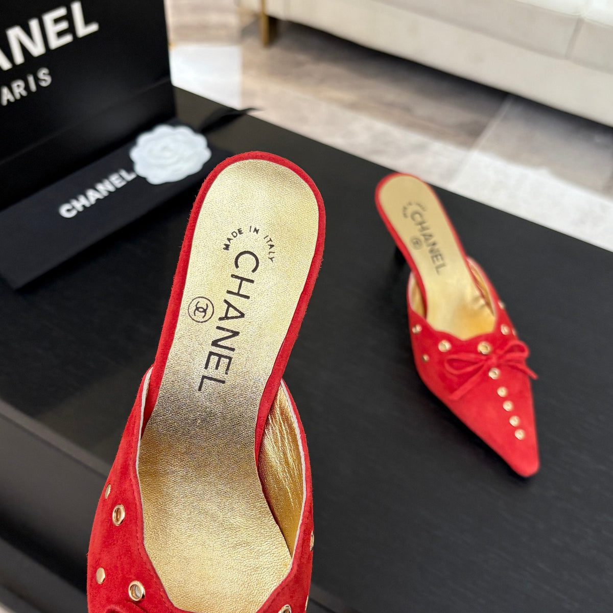 CC Grommet Bow Mules 6.5cm Red Suede Leather 912924