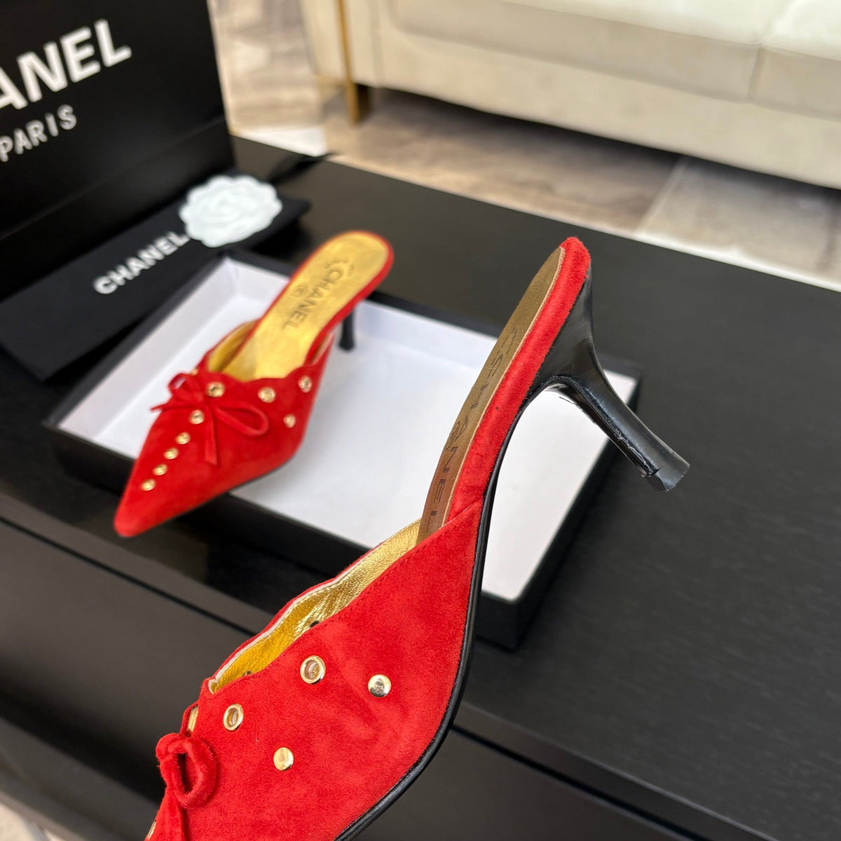 CC Grommet Bow Mules 6.5cm Red Suede Leather 912924