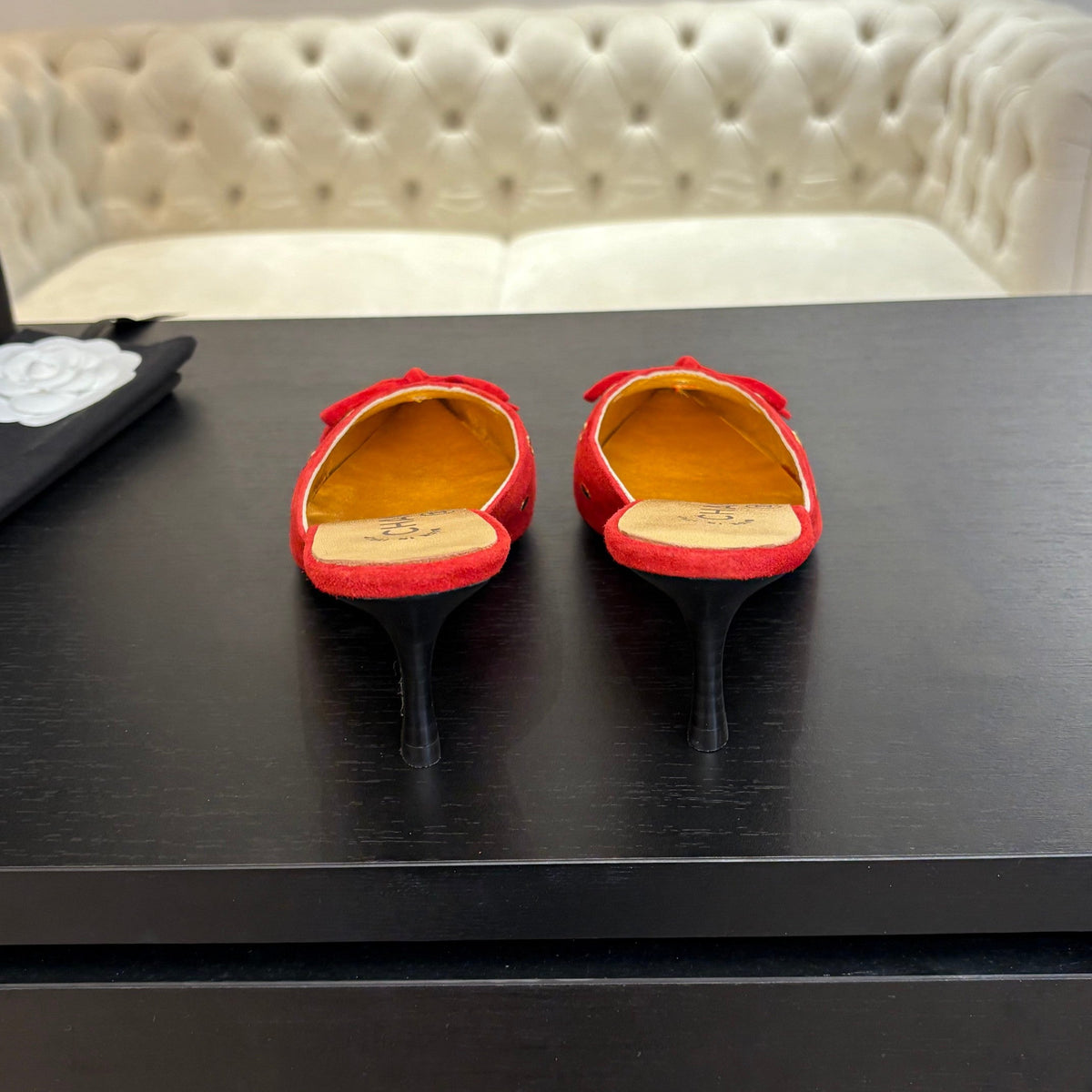 CC Grommet Bow Mules 6.5cm Red Suede Leather 912924