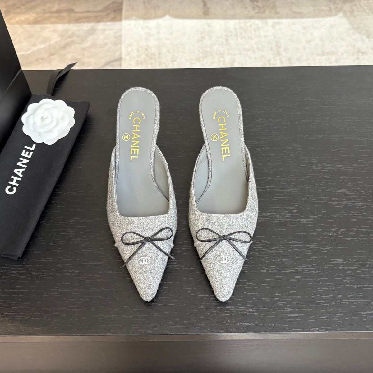 CC Bow Pointed Toe Mules 6.5cm Grey Tweed 912923