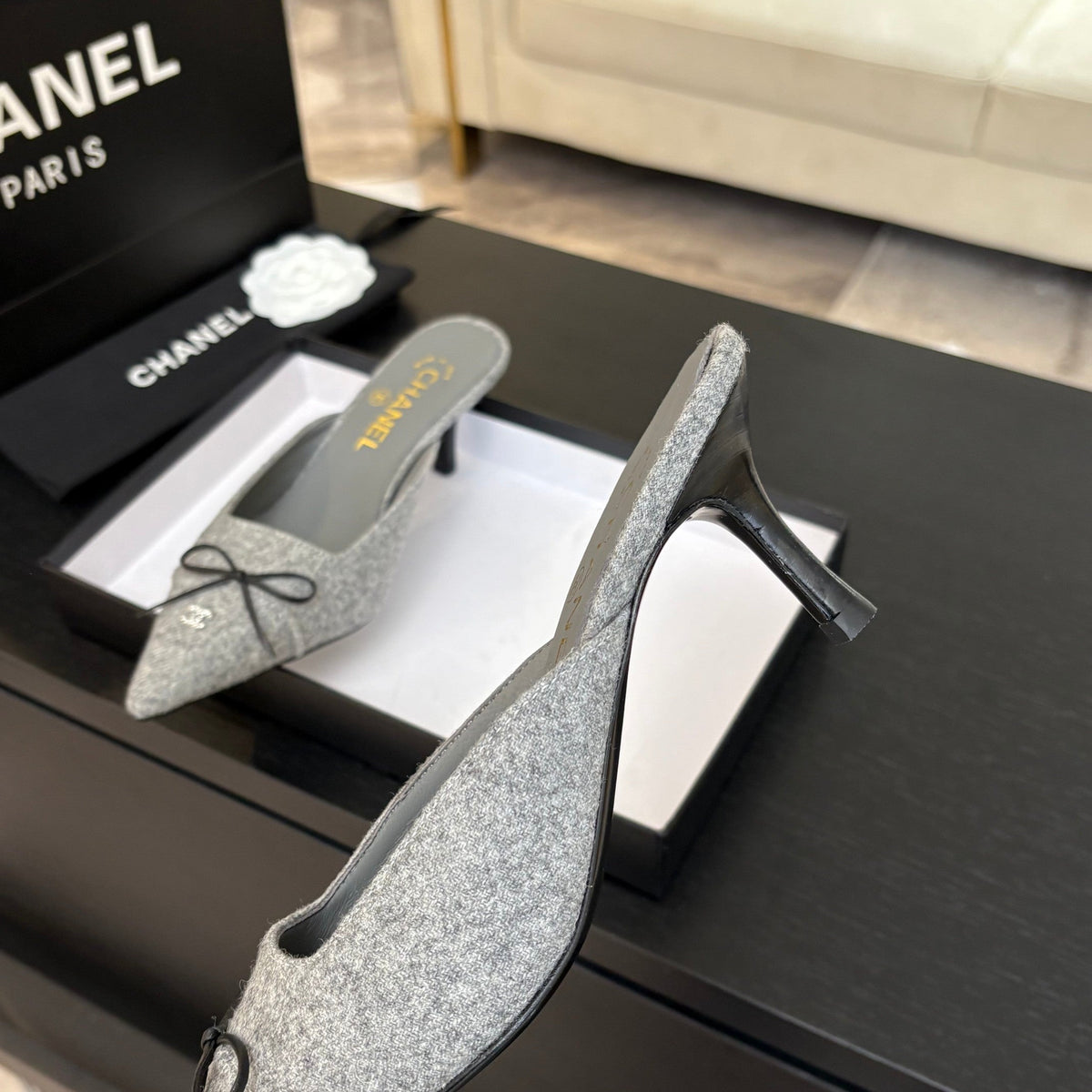 CC Bow Pointed Toe Mules 6.5cm Grey Tweed 912923