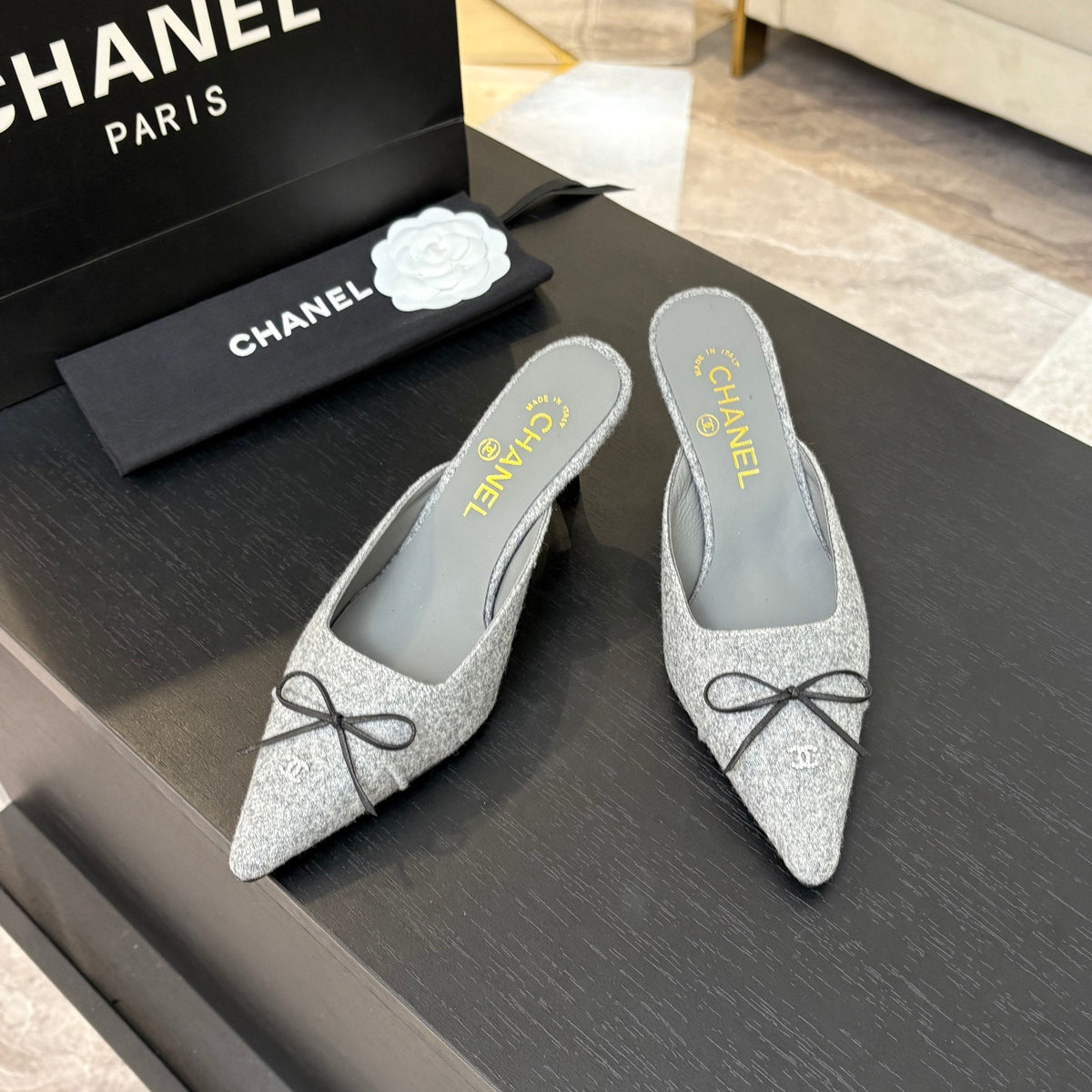 CC Bow Pointed Toe Mules 6.5cm Grey Tweed 912923