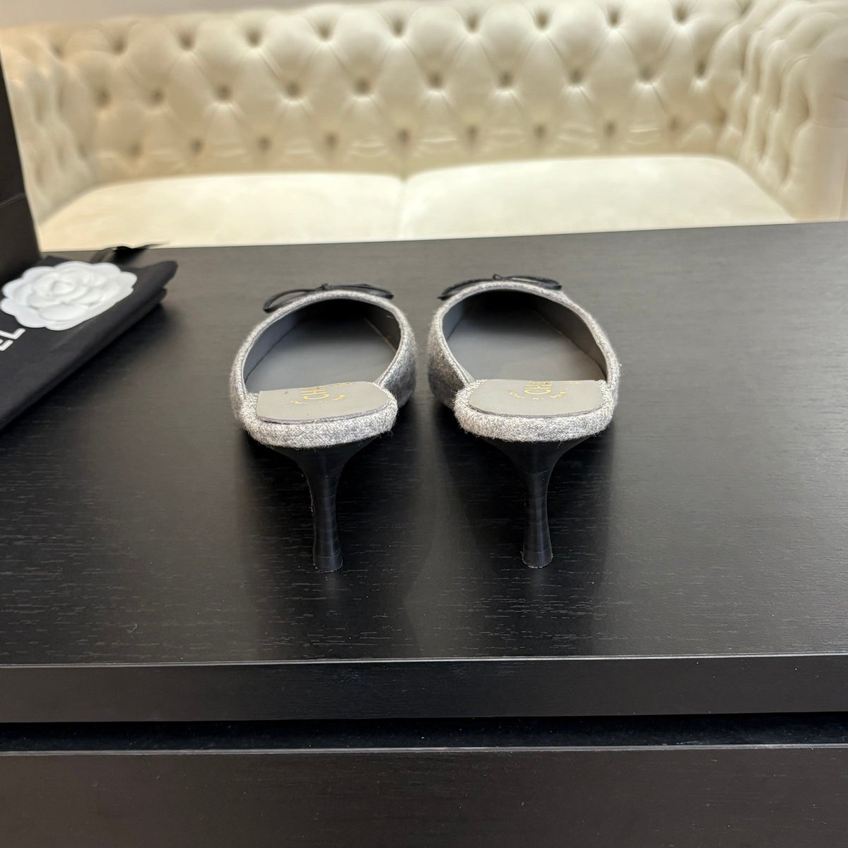 CC Bow Pointed Toe Mules 6.5cm Grey Tweed 912923