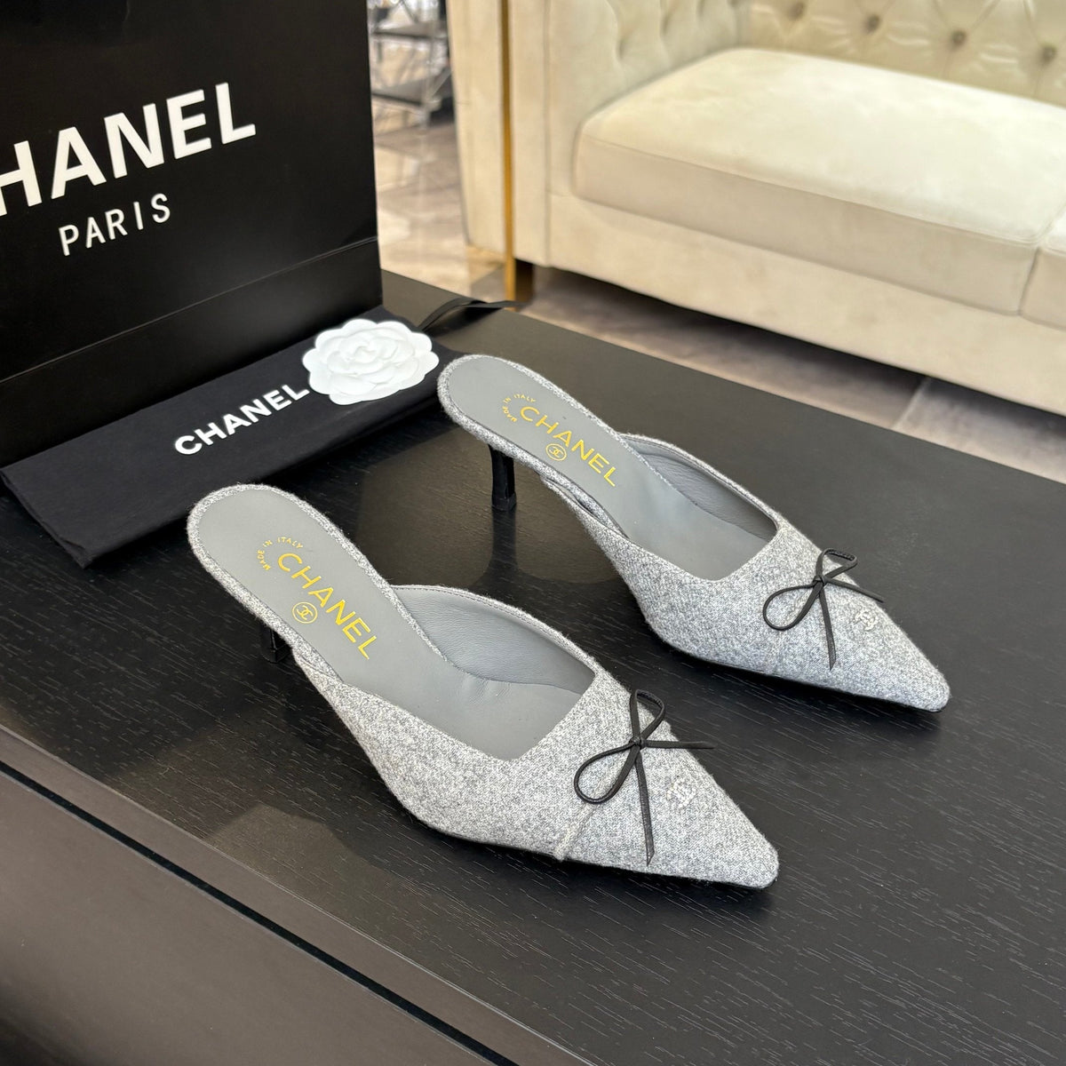 CC Bow Pointed Toe Mules 6.5cm Grey Tweed 912923