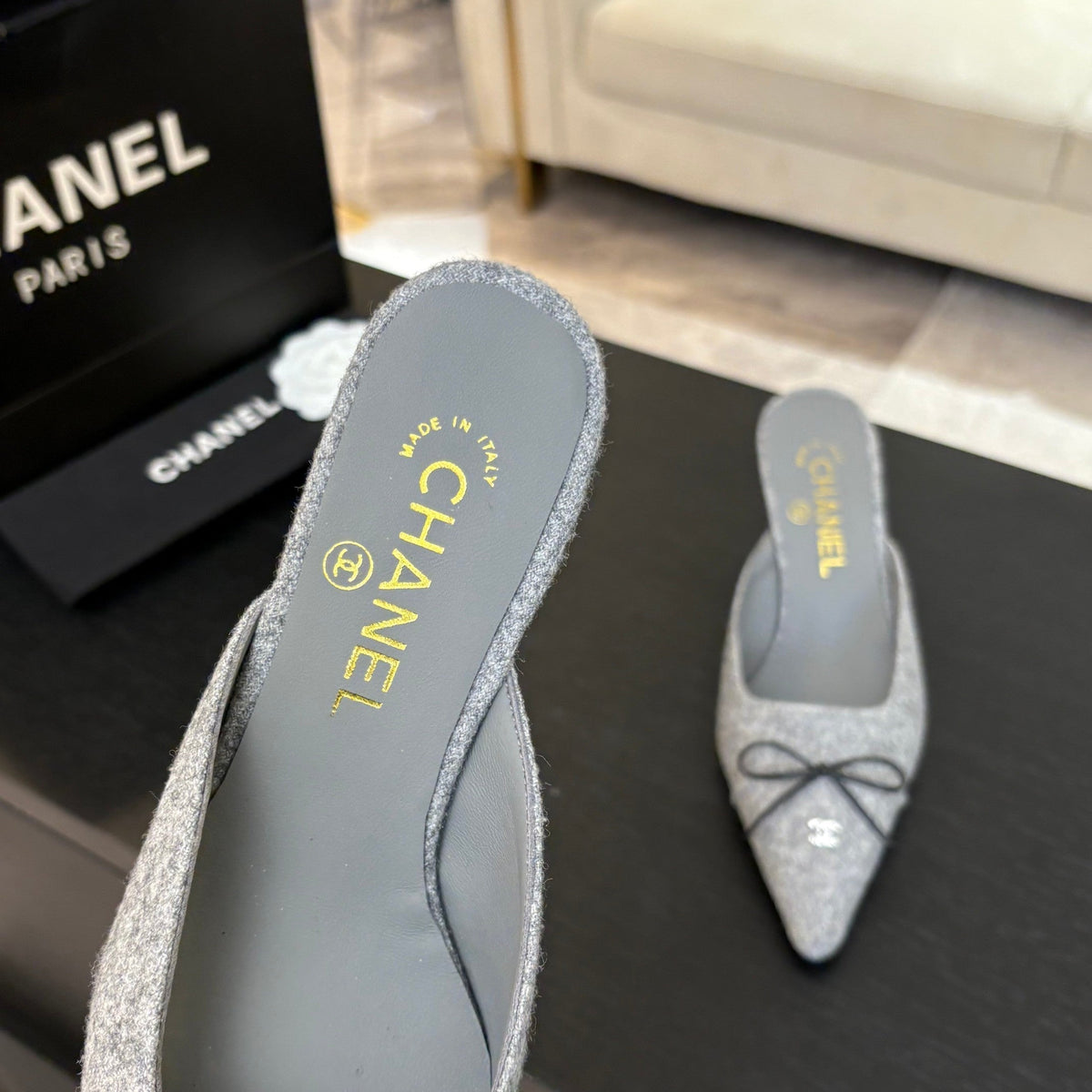 CC Bow Pointed Toe Mules 6.5cm Grey Tweed 912923