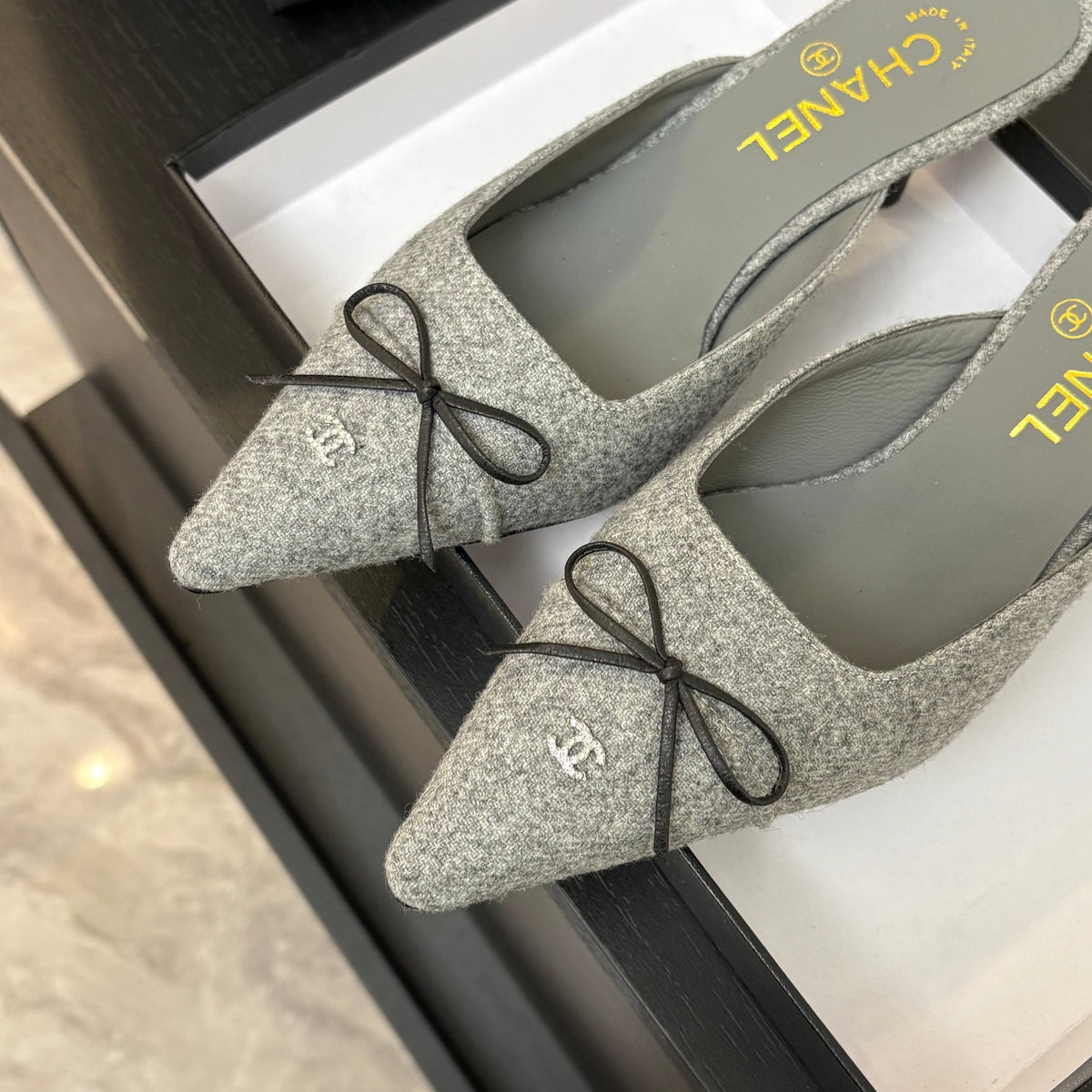 CC Bow Pointed Toe Mules 6.5cm Grey Tweed 912923