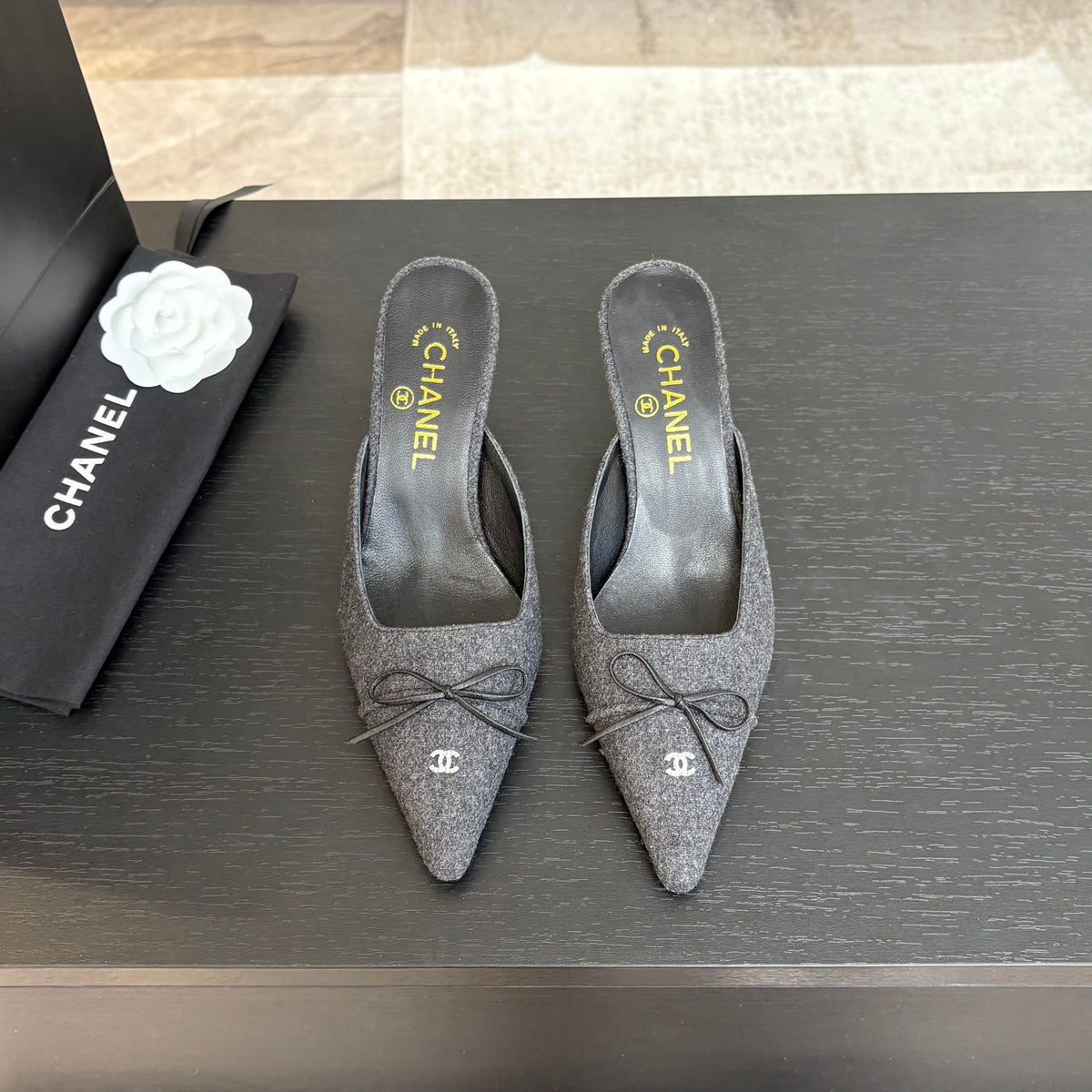 CC Bow Pointed Toe Mules 6.5cm Dark Grey Tweed 912922