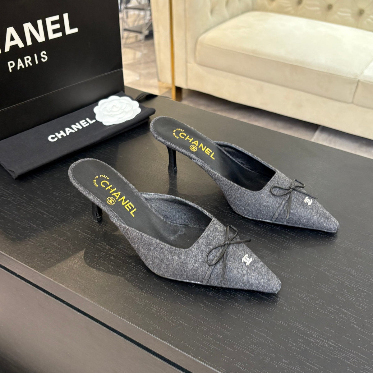 CC Bow Pointed Toe Mules 6.5cm Dark Grey Tweed 912922