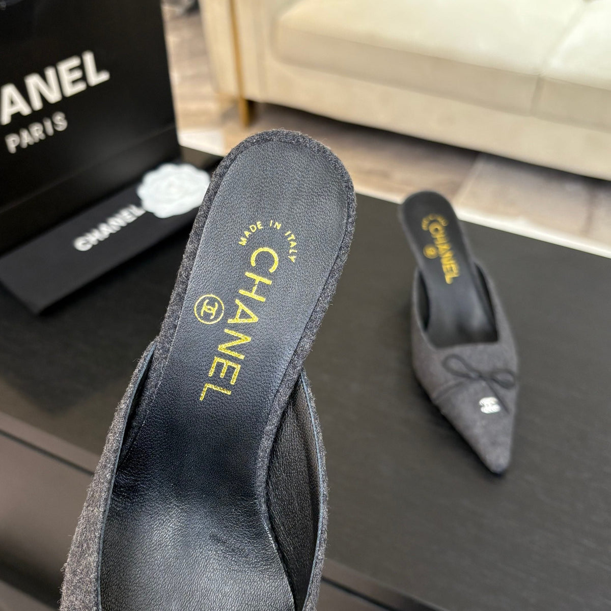 CC Bow Pointed Toe Mules 6.5cm Dark Grey Tweed 912922