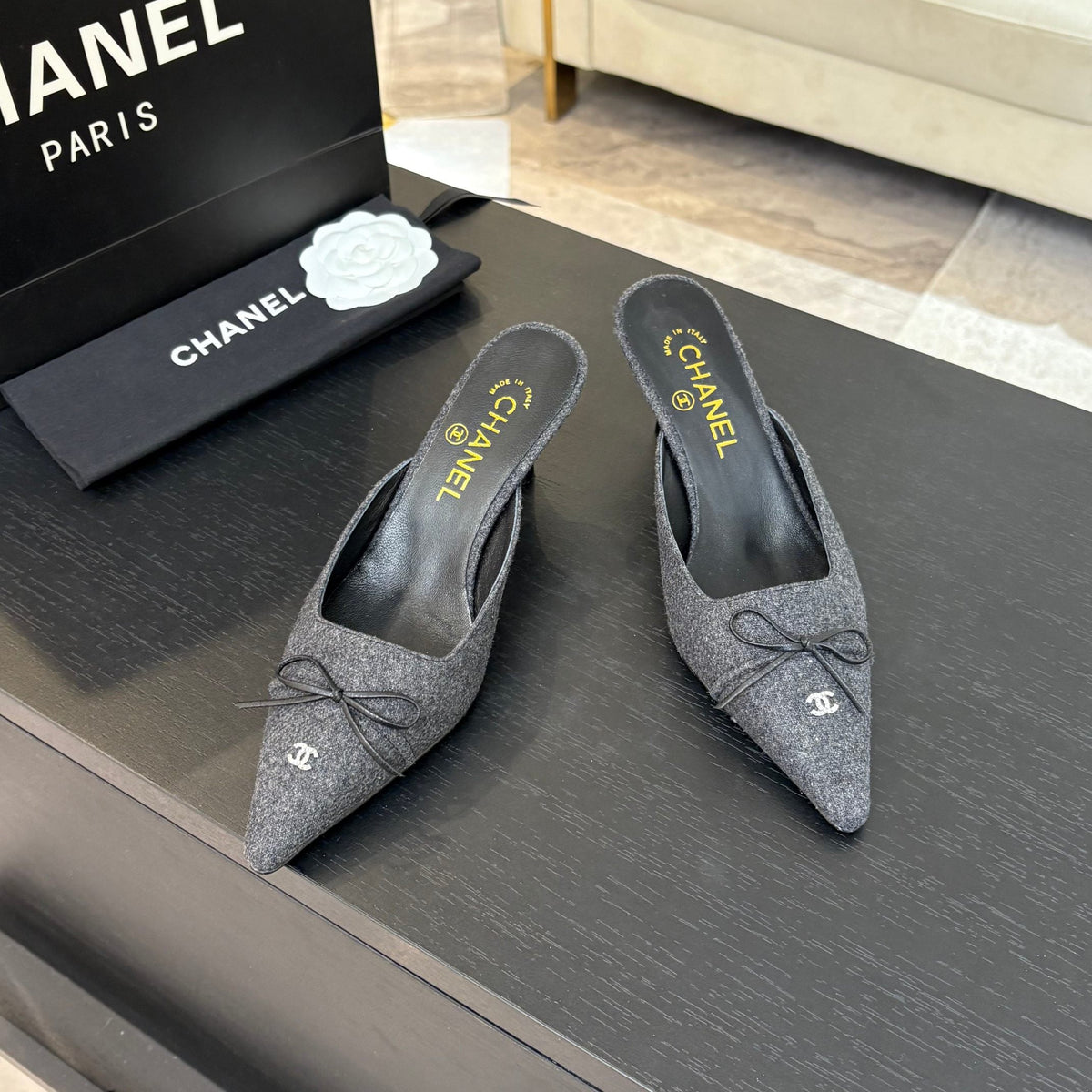 CC Bow Pointed Toe Mules 6.5cm Dark Grey Tweed 912922