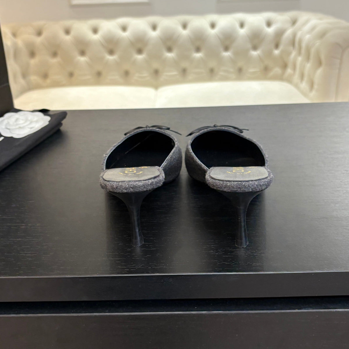 CC Bow Pointed Toe Mules 6.5cm Dark Grey Tweed 912922