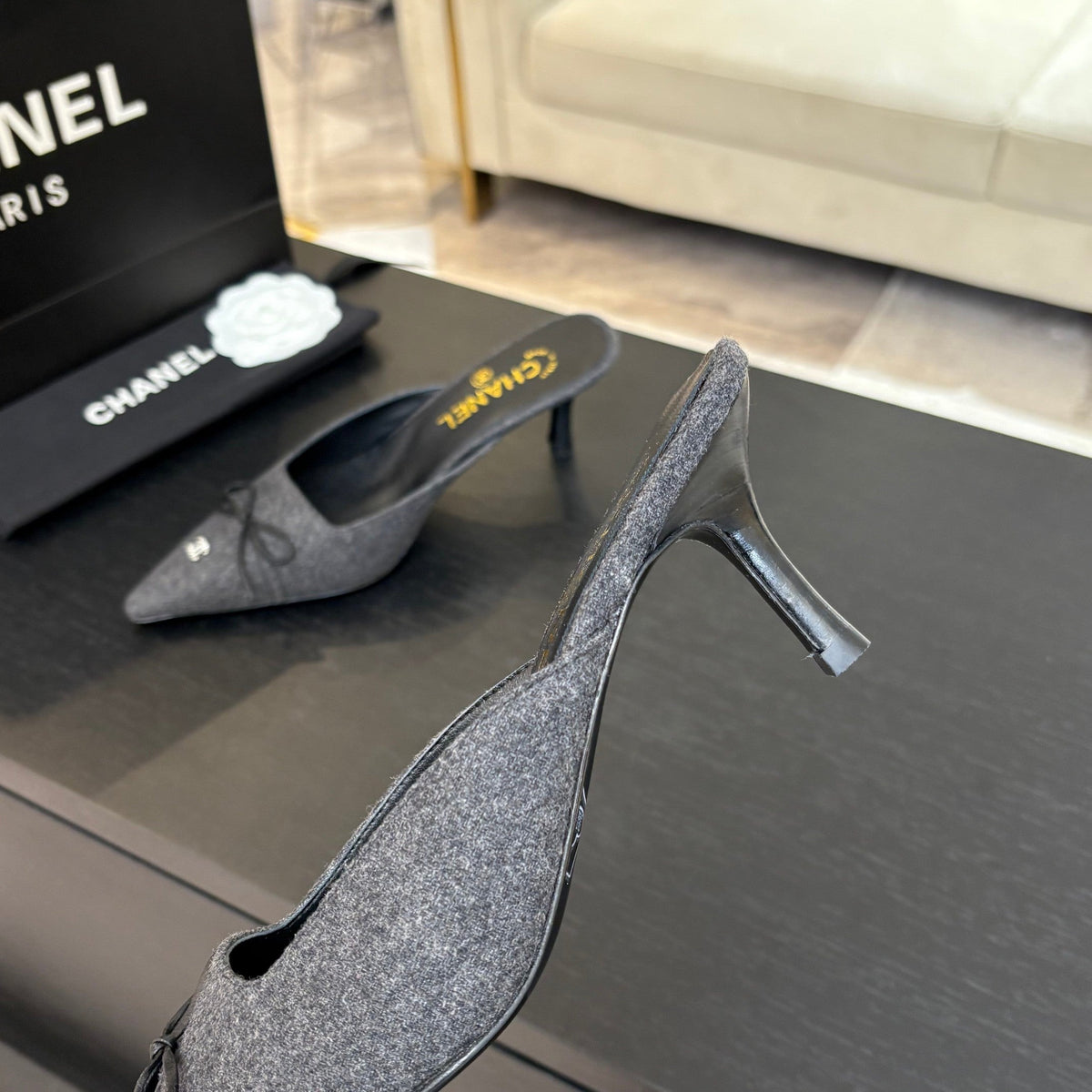 CC Bow Pointed Toe Mules 6.5cm Dark Grey Tweed 912922