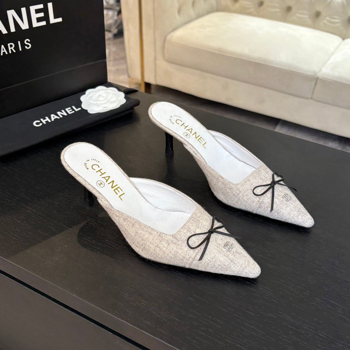CC Bow Pointed Toe Mules 6.5cm Beige Tweed 912921
