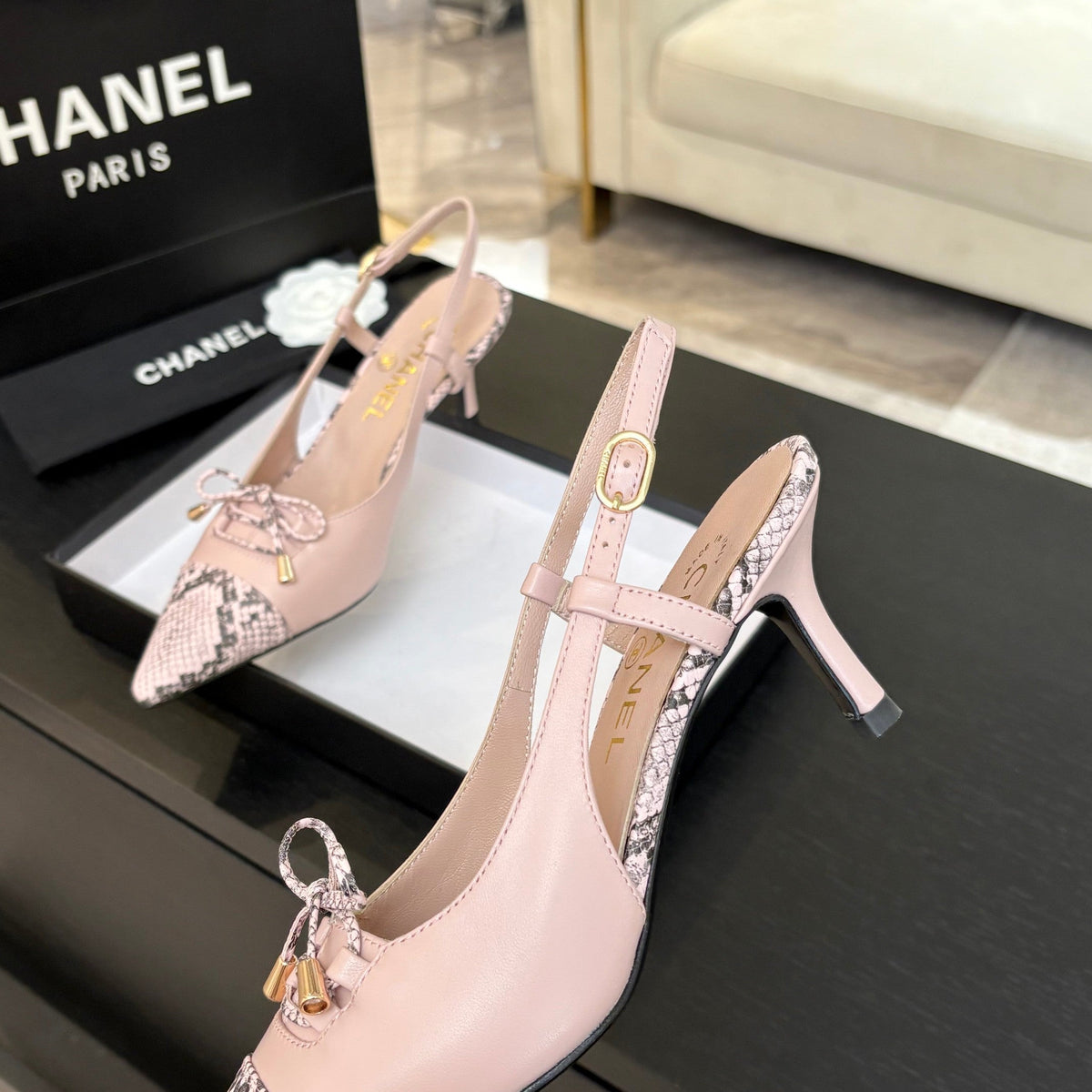 CC Snake Print Cap Toe Bow Slingback Pumps 6.5cm Pink Leather 912930
