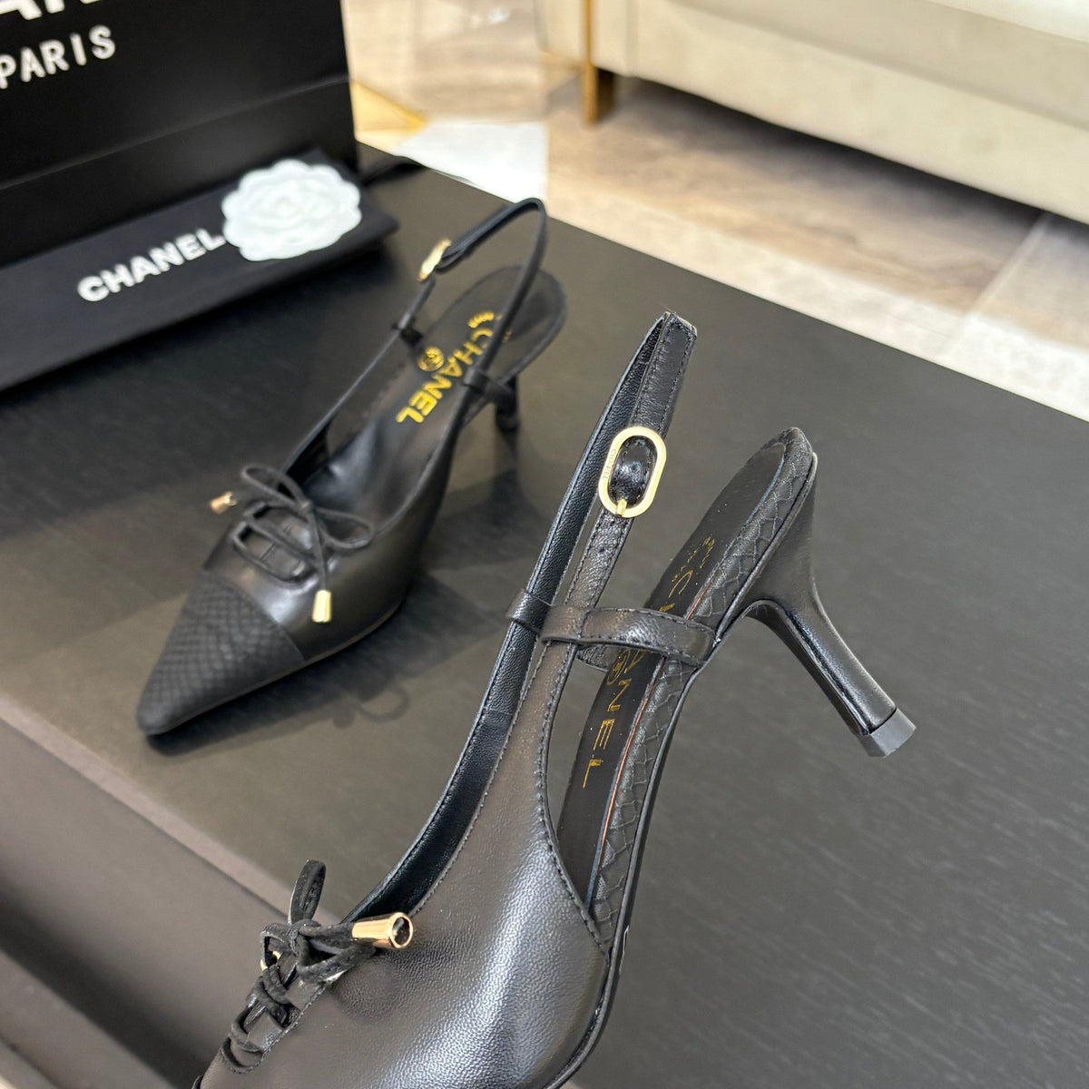 CC Snake Print Cap Toe Bow Slingback Pumps 6.5cm Black Leather 912929