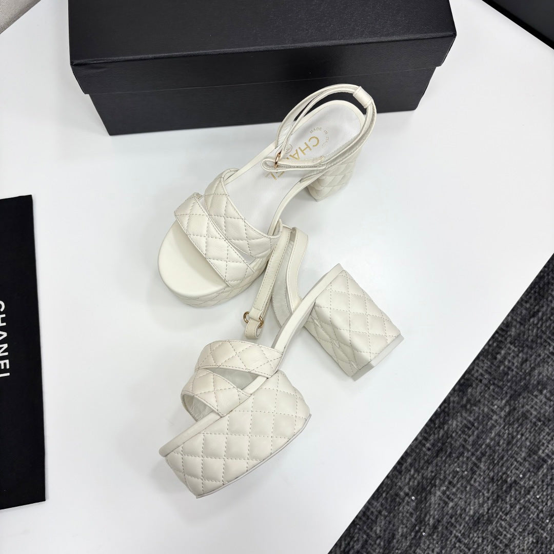 CC Platform Sandals White Quilted Lambskin 912866