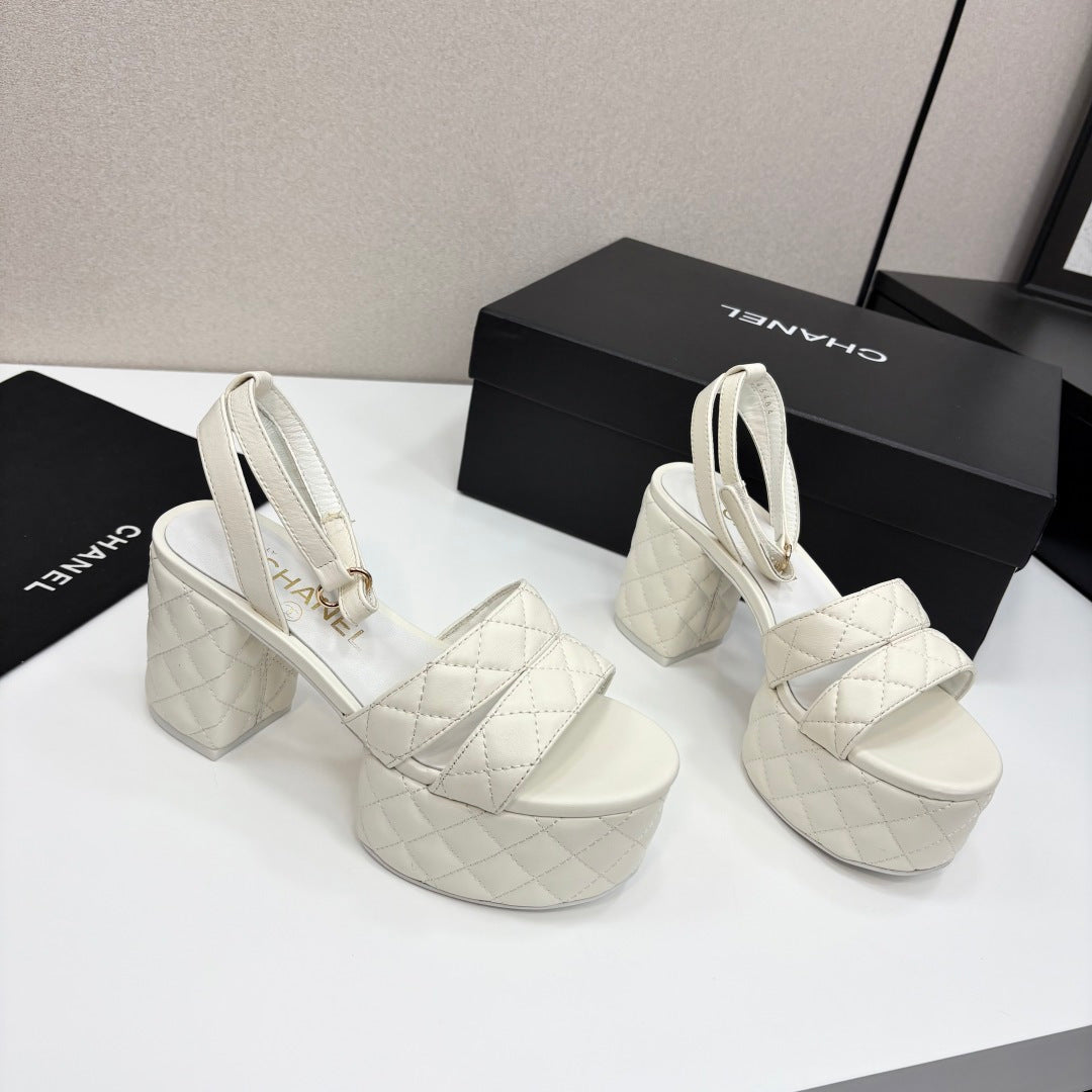 CC Platform Sandals White Quilted Lambskin 912866