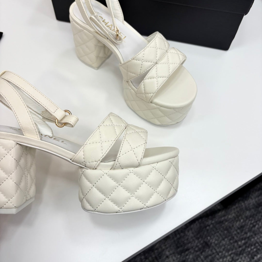 CC Platform Sandals White Quilted Lambskin 912866