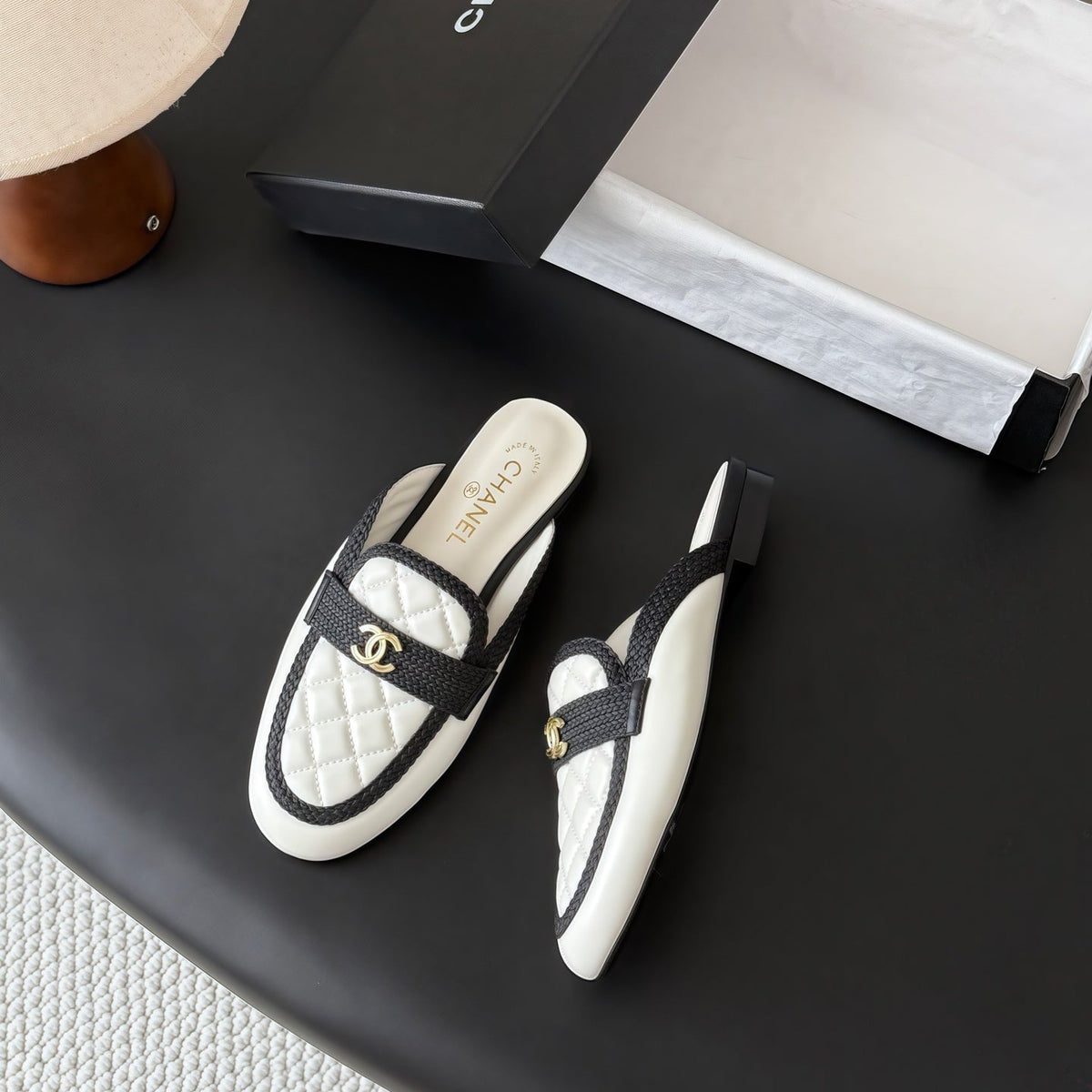 CC Quilted Logo Strap Mules White Leather 914193