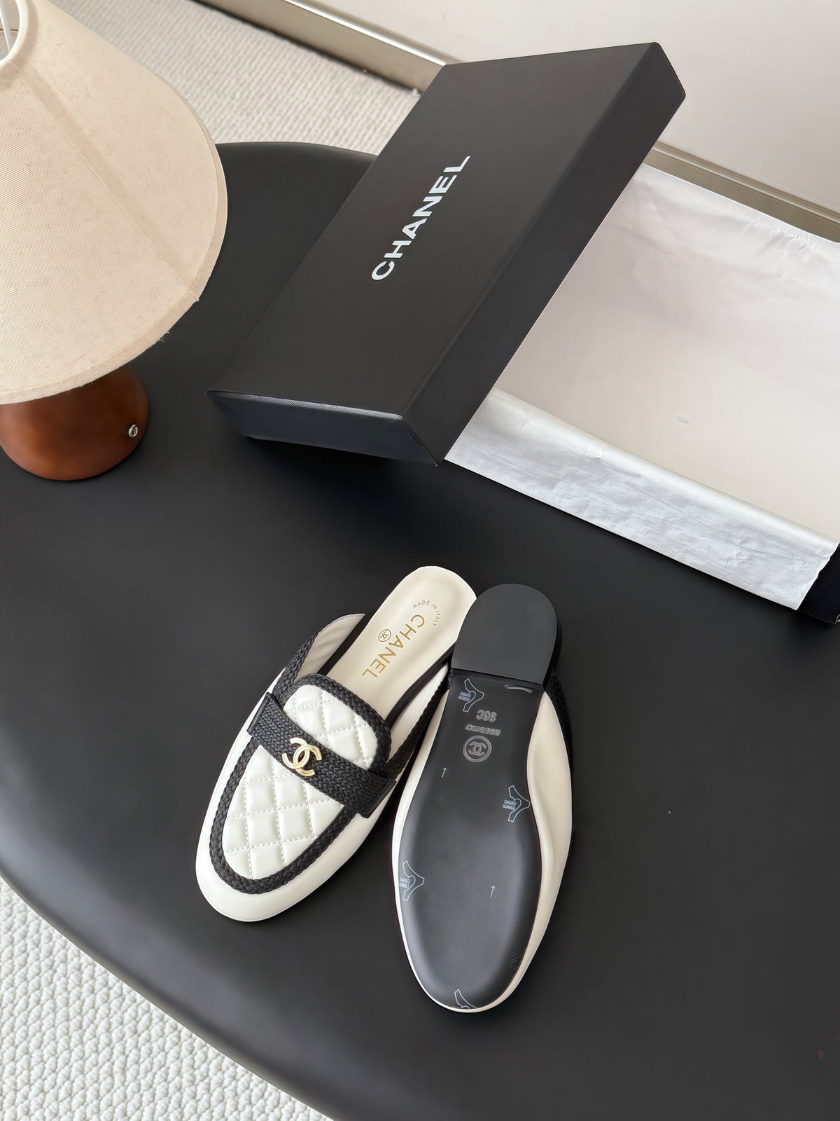 CC Quilted Logo Strap Mules White Leather 914193