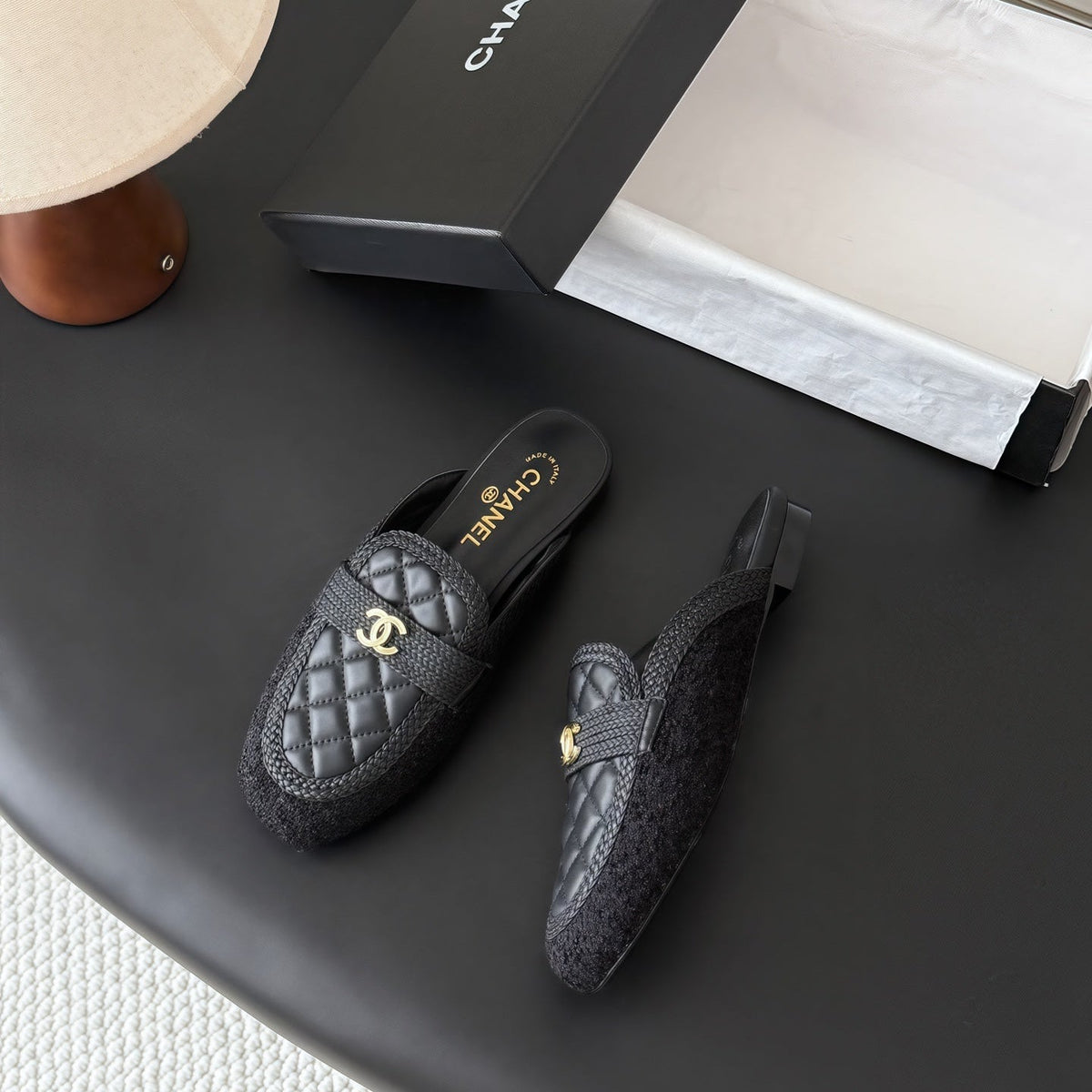 CC Quilted Logo Strap Mules Black Tweed & Leather 914191