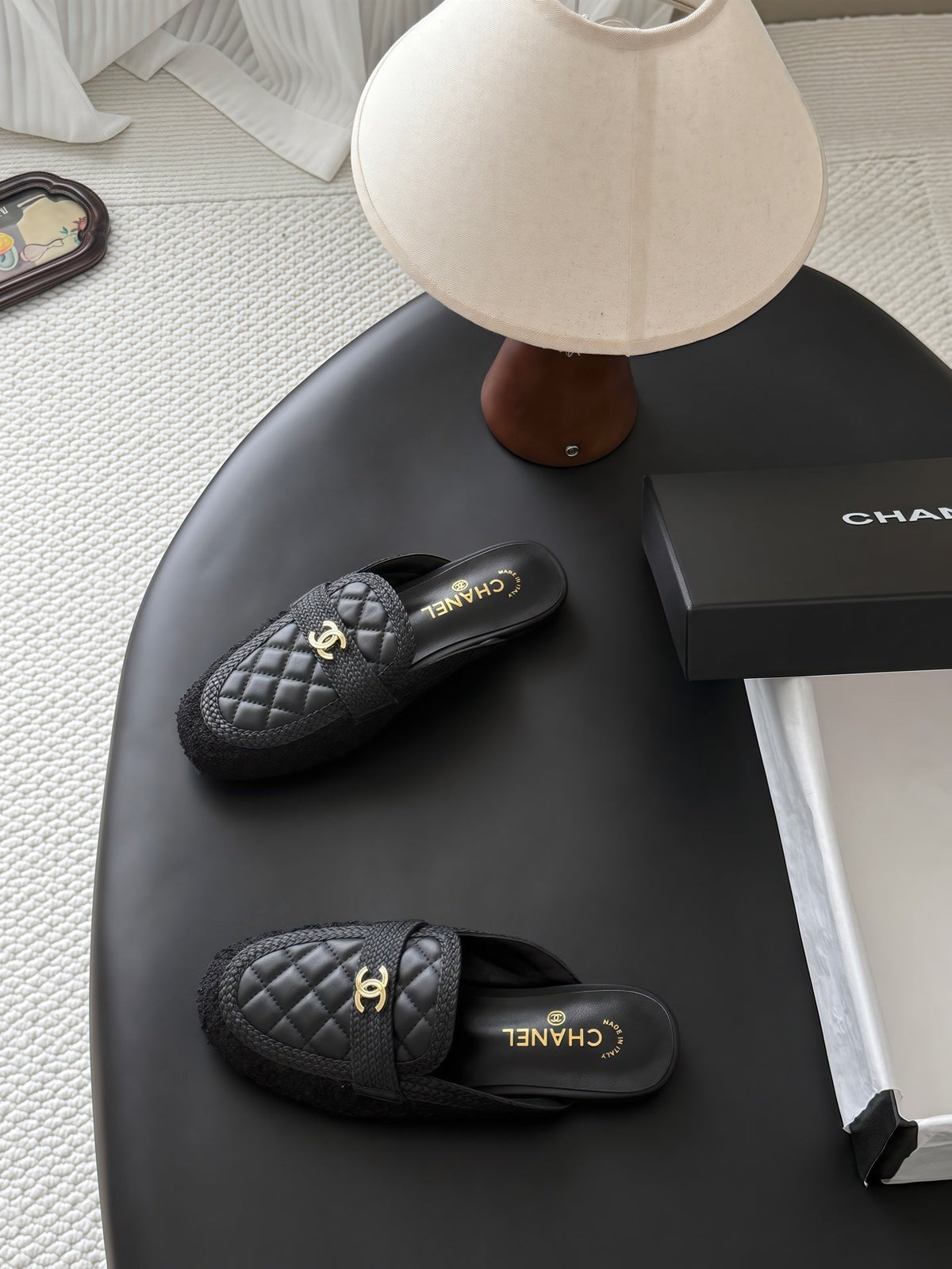 CC Quilted Logo Strap Mules Black Tweed & Leather 914191