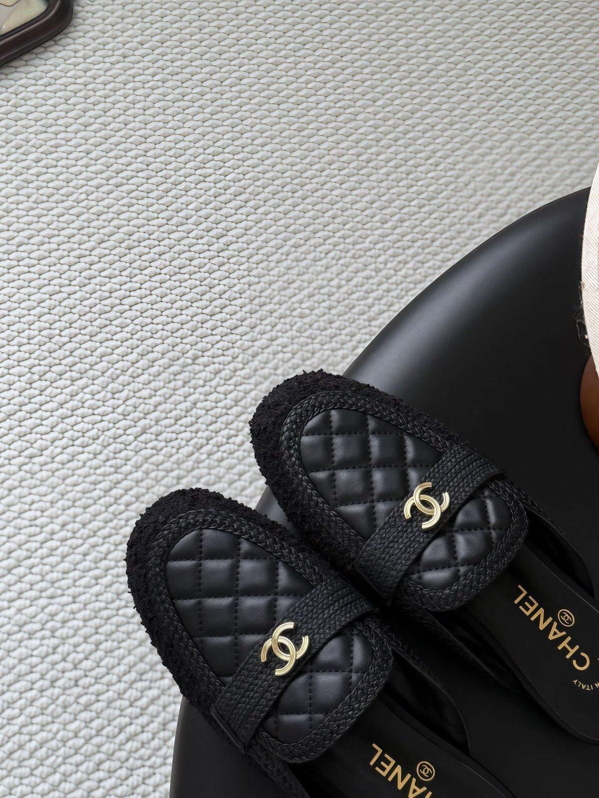 CC Quilted Logo Strap Mules Black Tweed & Leather 914191