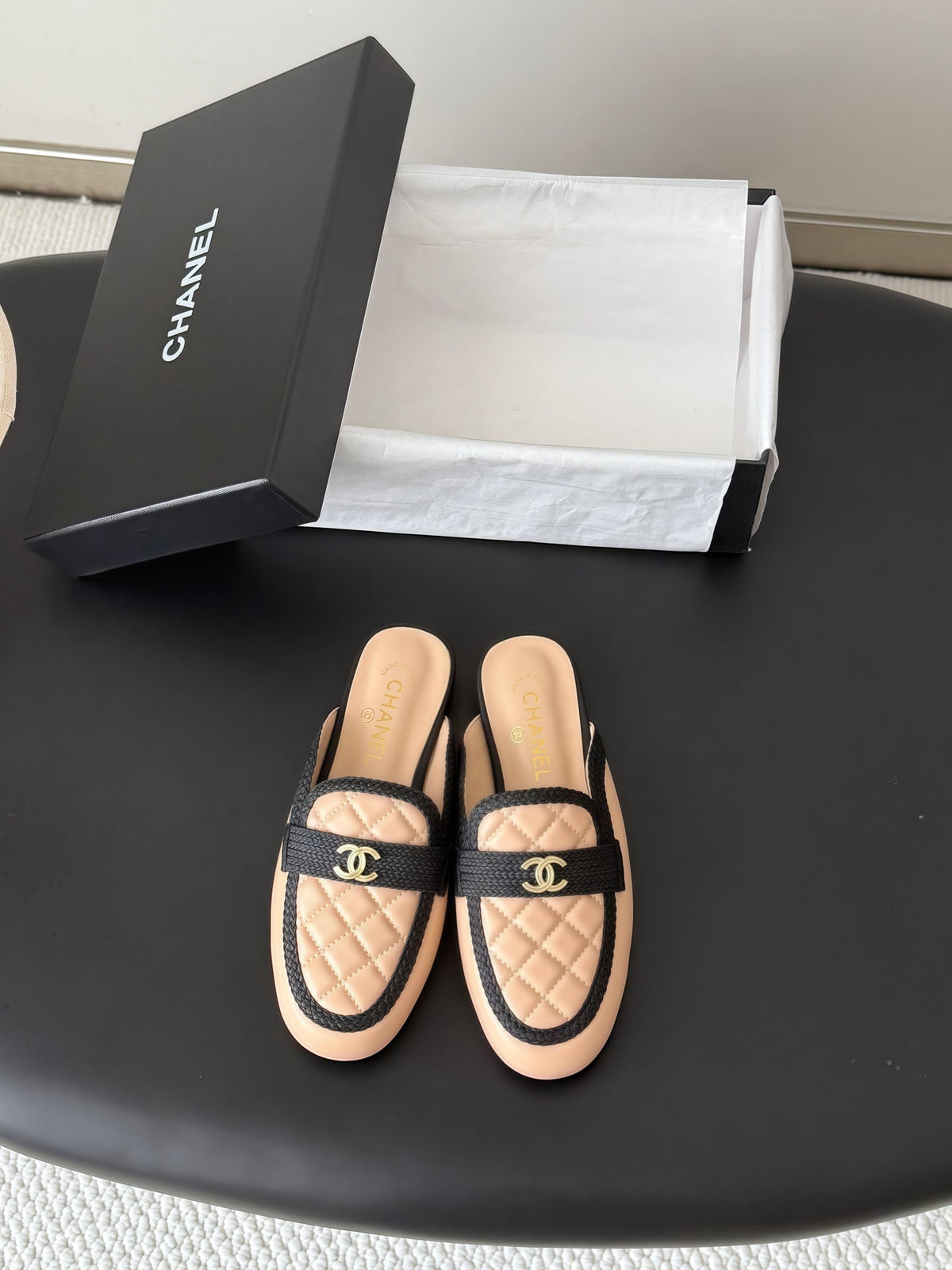CC Quilted Logo Strap Mules Beige Leather 914192