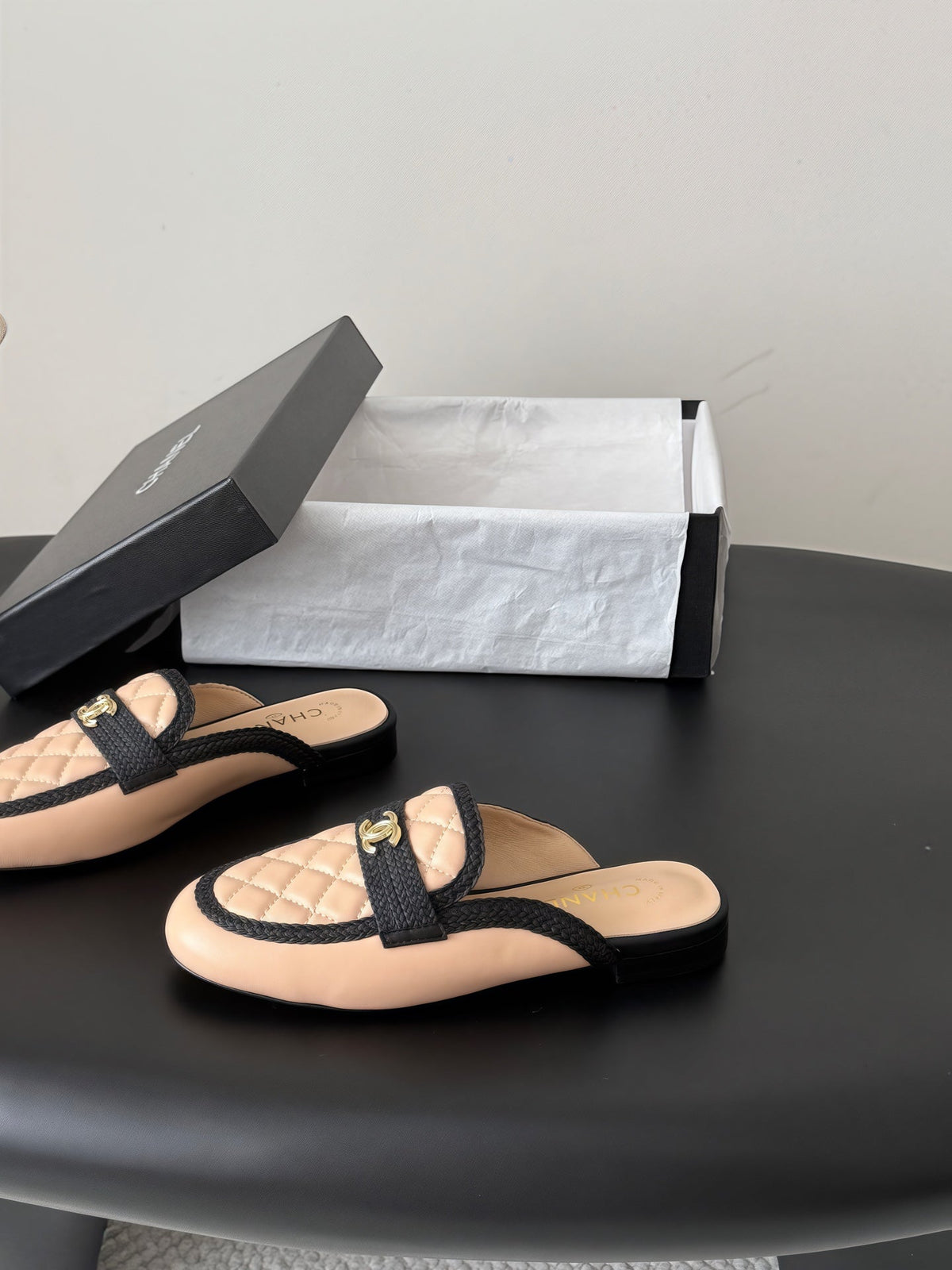 CC Quilted Logo Strap Mules Beige Leather 914192
