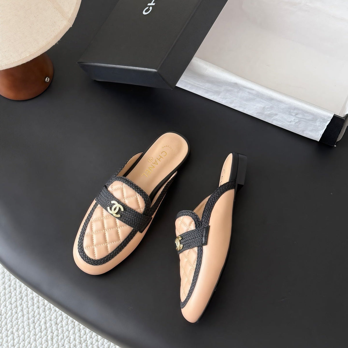 CC Quilted Logo Strap Mules Beige Leather 914192
