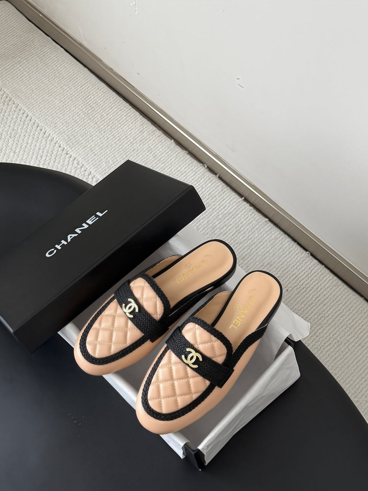 CC Quilted Logo Strap Mules Beige Leather 914192