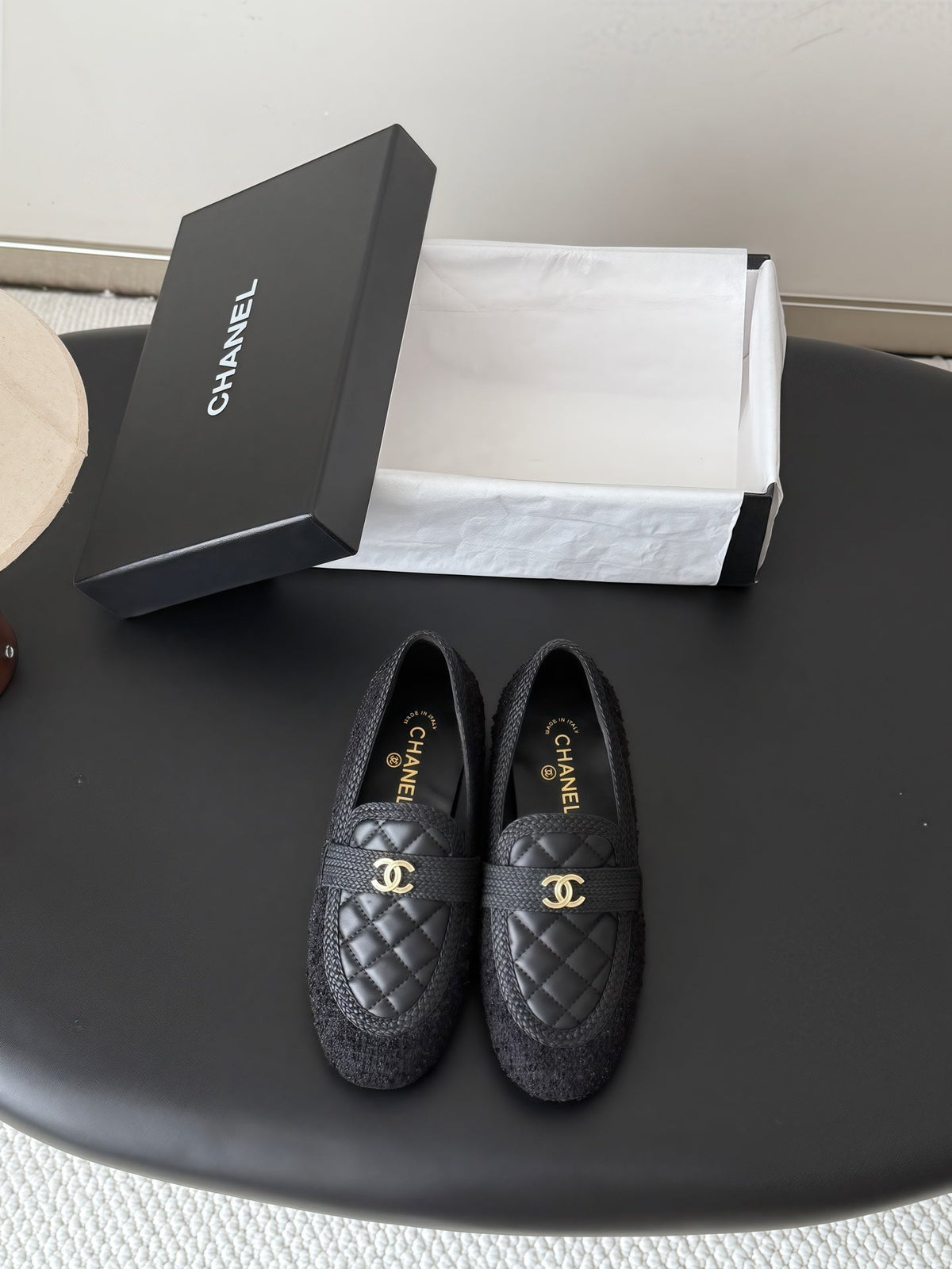 CC Quilted Logo Loafers Black Tweed & Leather 914188