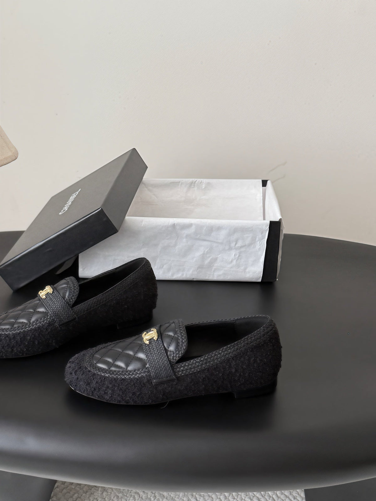 CC Quilted Logo Loafers Black Tweed & Leather 914188