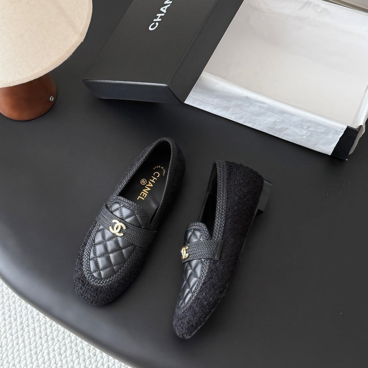 CC Quilted Logo Loafers Black Tweed & Leather 914188