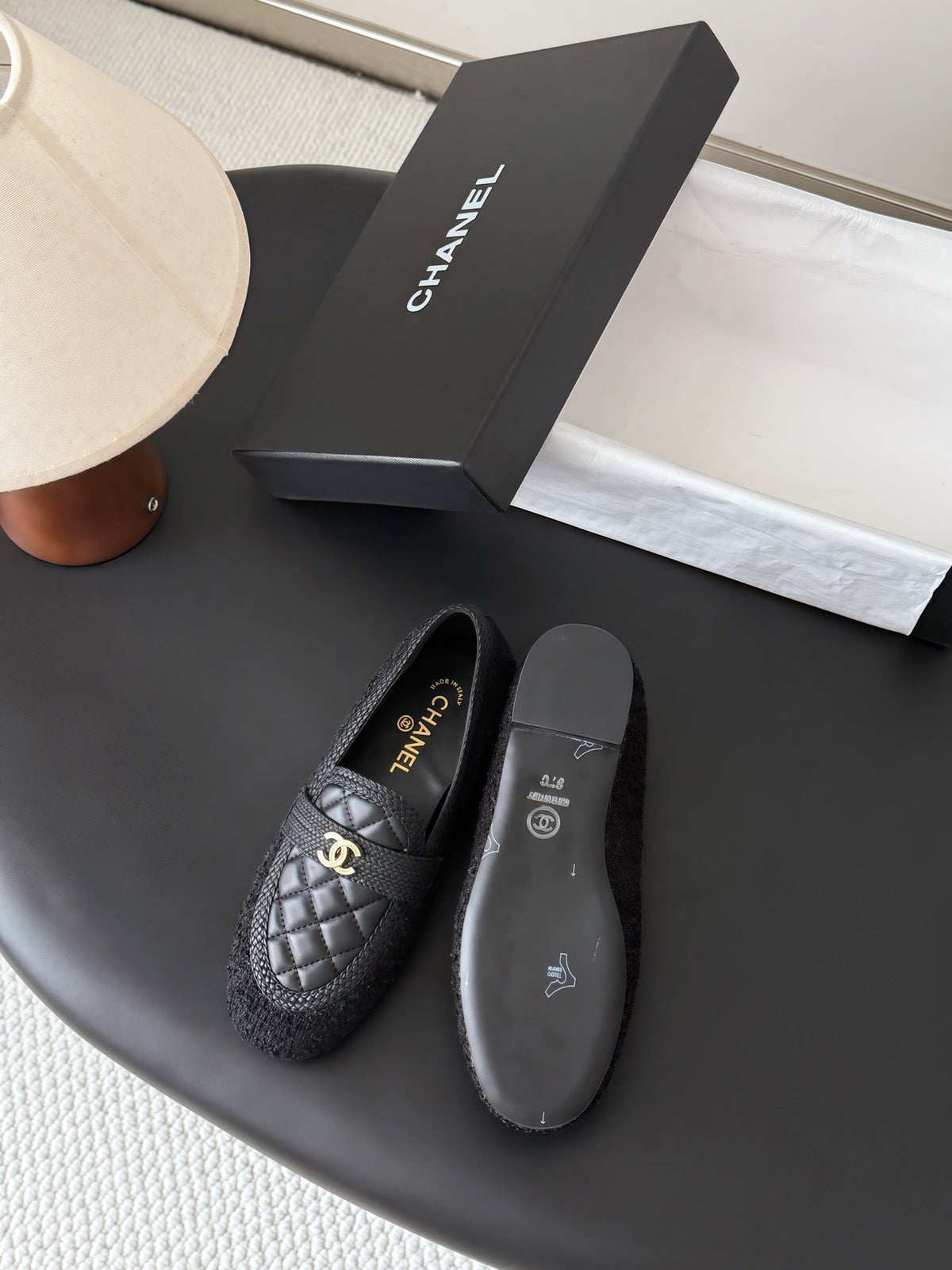 CC Quilted Logo Loafers Black Tweed & Leather 914188