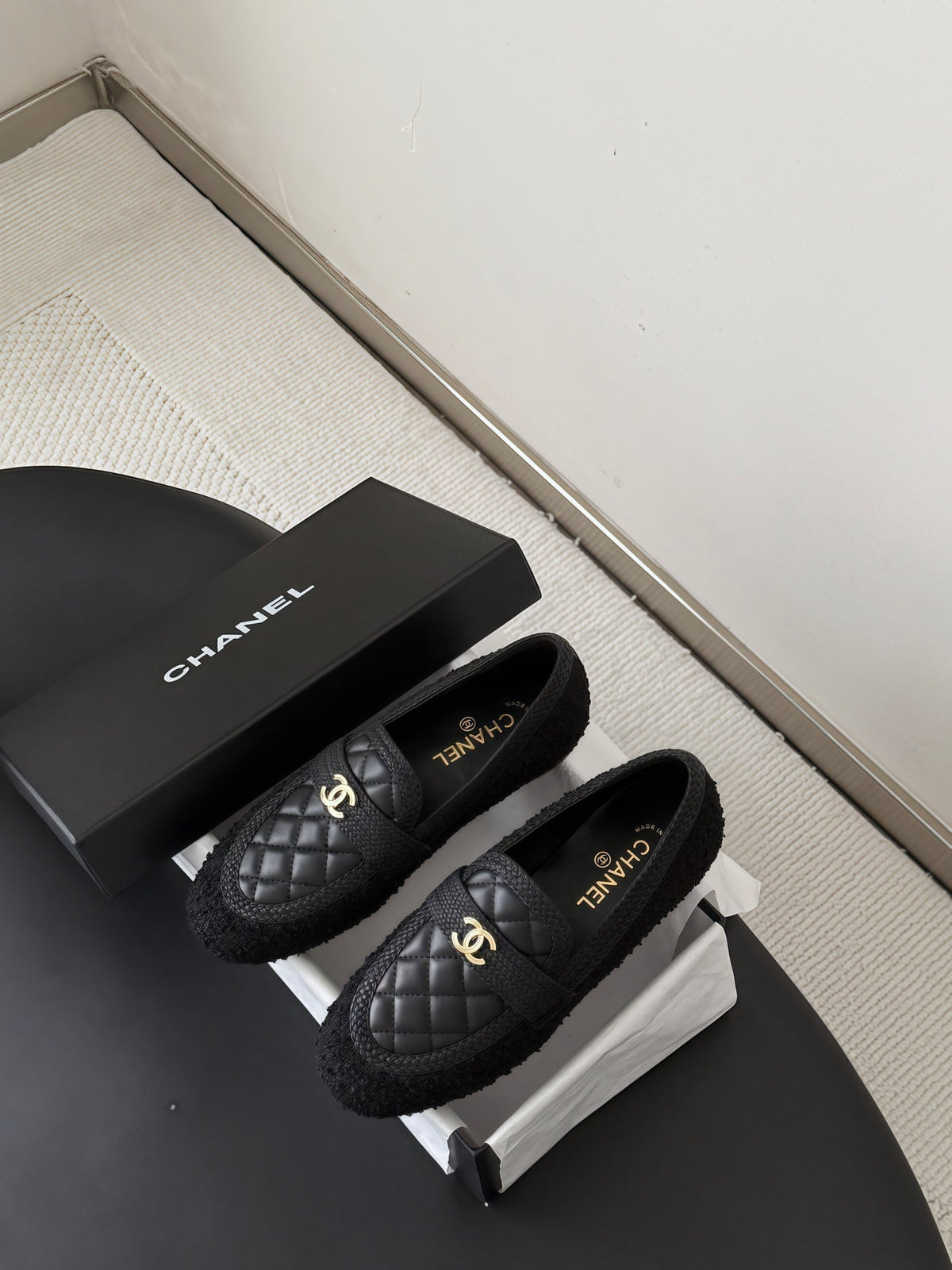CC Quilted Logo Loafers Black Tweed & Leather 914188