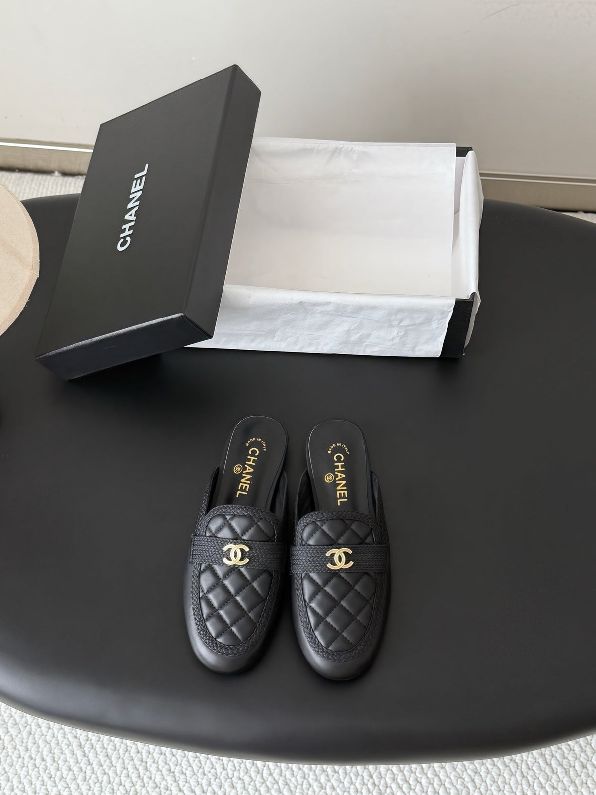 CC Quilted Logo Strap Mules Black Leather 914190
