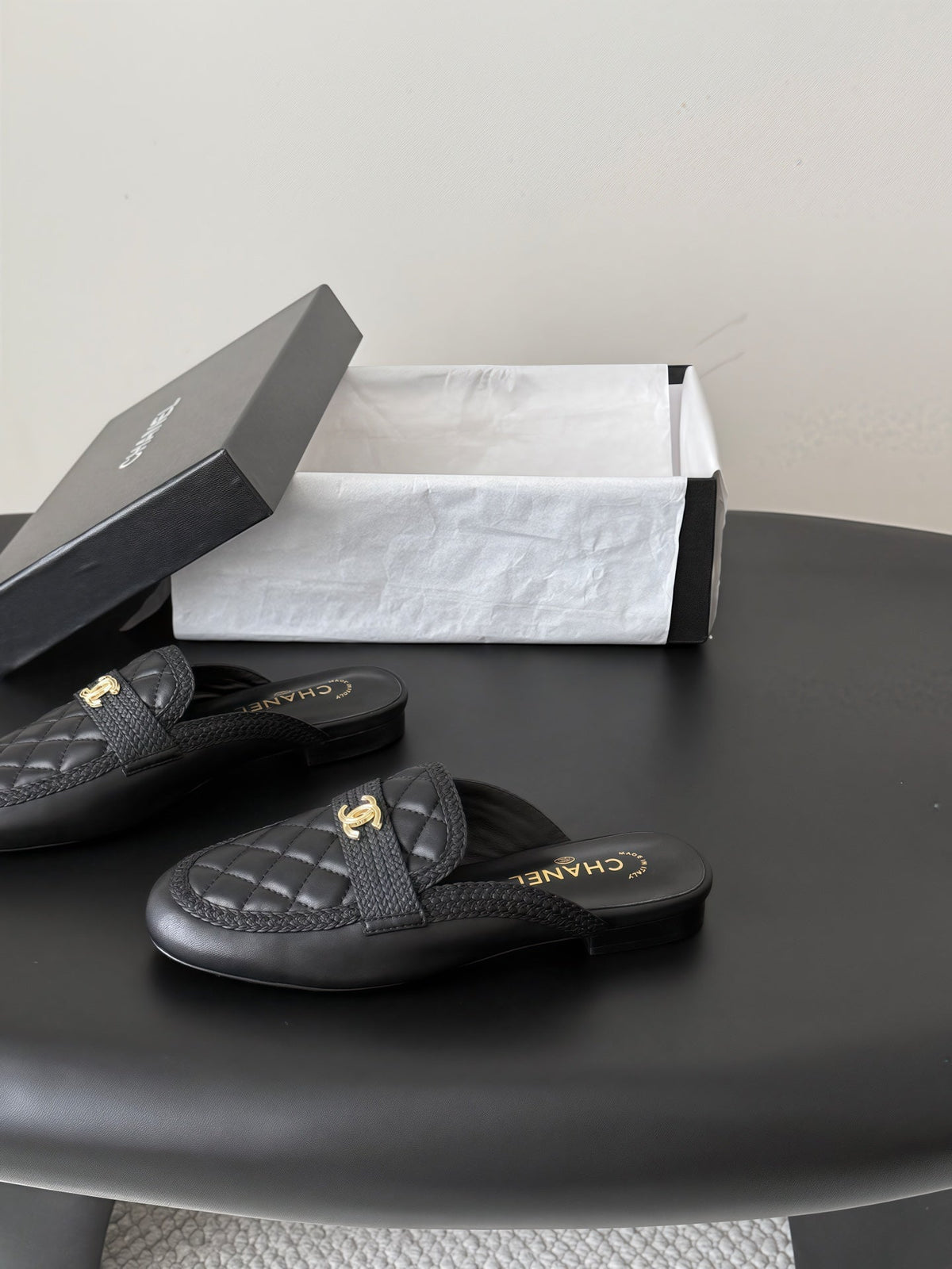 CC Quilted Logo Strap Mules Black Leather 914190