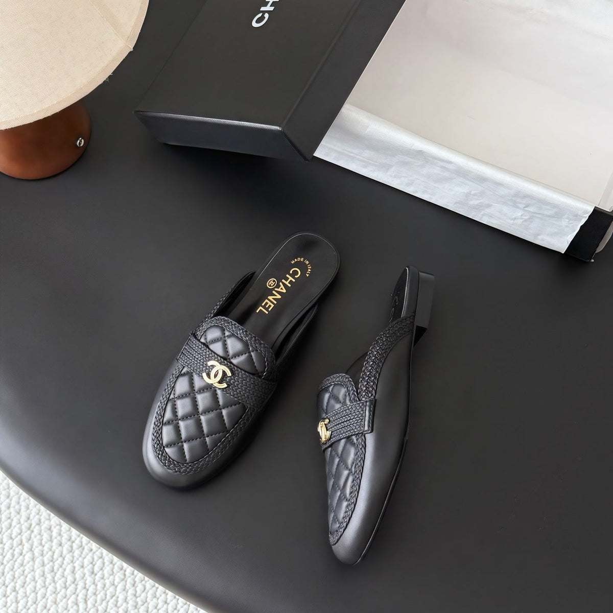CC Quilted Logo Strap Mules Black Leather 914190