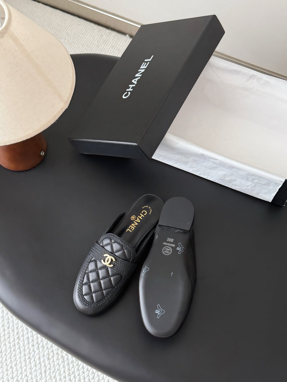 CC Quilted Logo Strap Mules Black Leather 914190