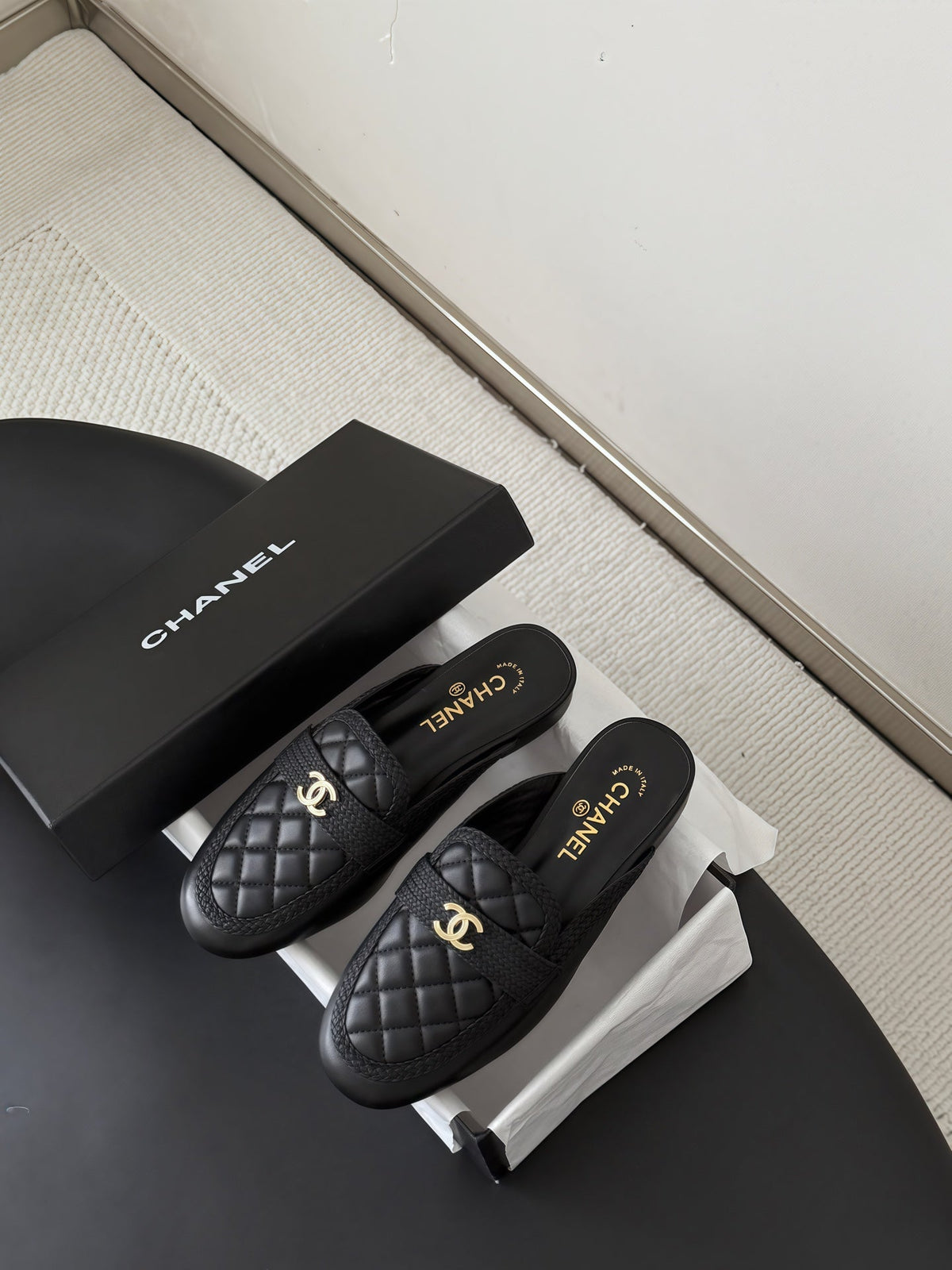 CC Quilted Logo Strap Mules Black Leather 914190
